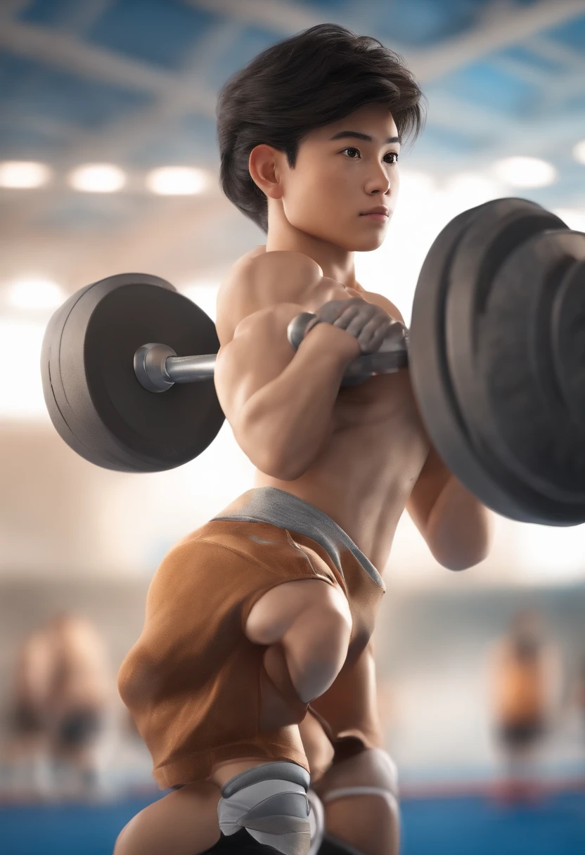35mm humanistic lens,male athlete,lifting weights,detailedbackground,Asian Games,True skin texture,Full body like,Smudge,Accurate facial features,dynamic blur,super-fine,ultra - detailed,high qulity,8K ,oc rendered,dynamic viewing angle,Hyper Real,Ultra photo realsisim