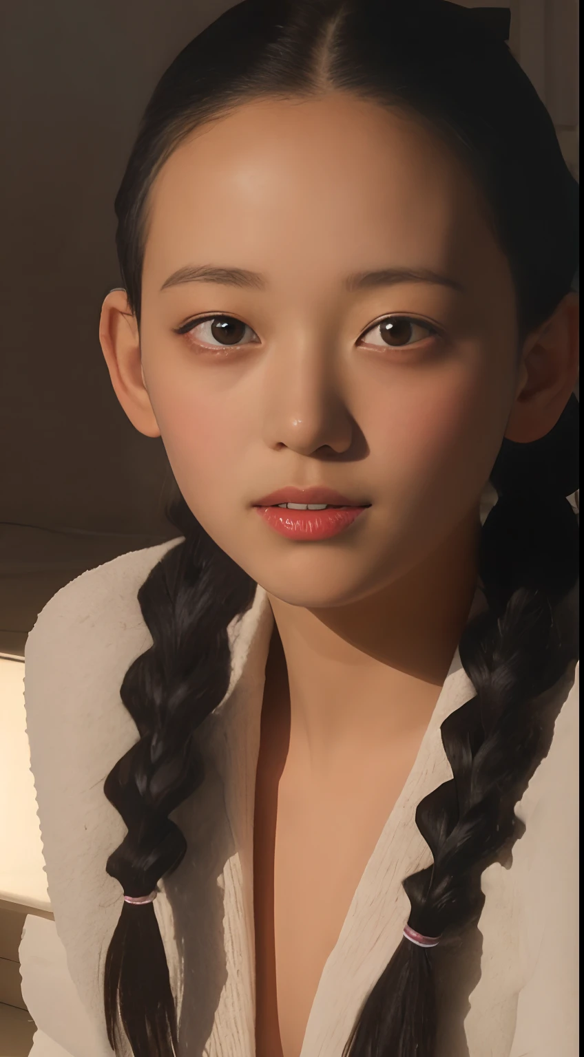 ((-teen girl)), nuover camera shot, puffy nipples, high heels, close-up, very light skin, very long hair, wavy hair, pigtail hairstyle, shopping mall, photorealistic, indirect lighting, volumetric light, ray tracing, hyperdetailed