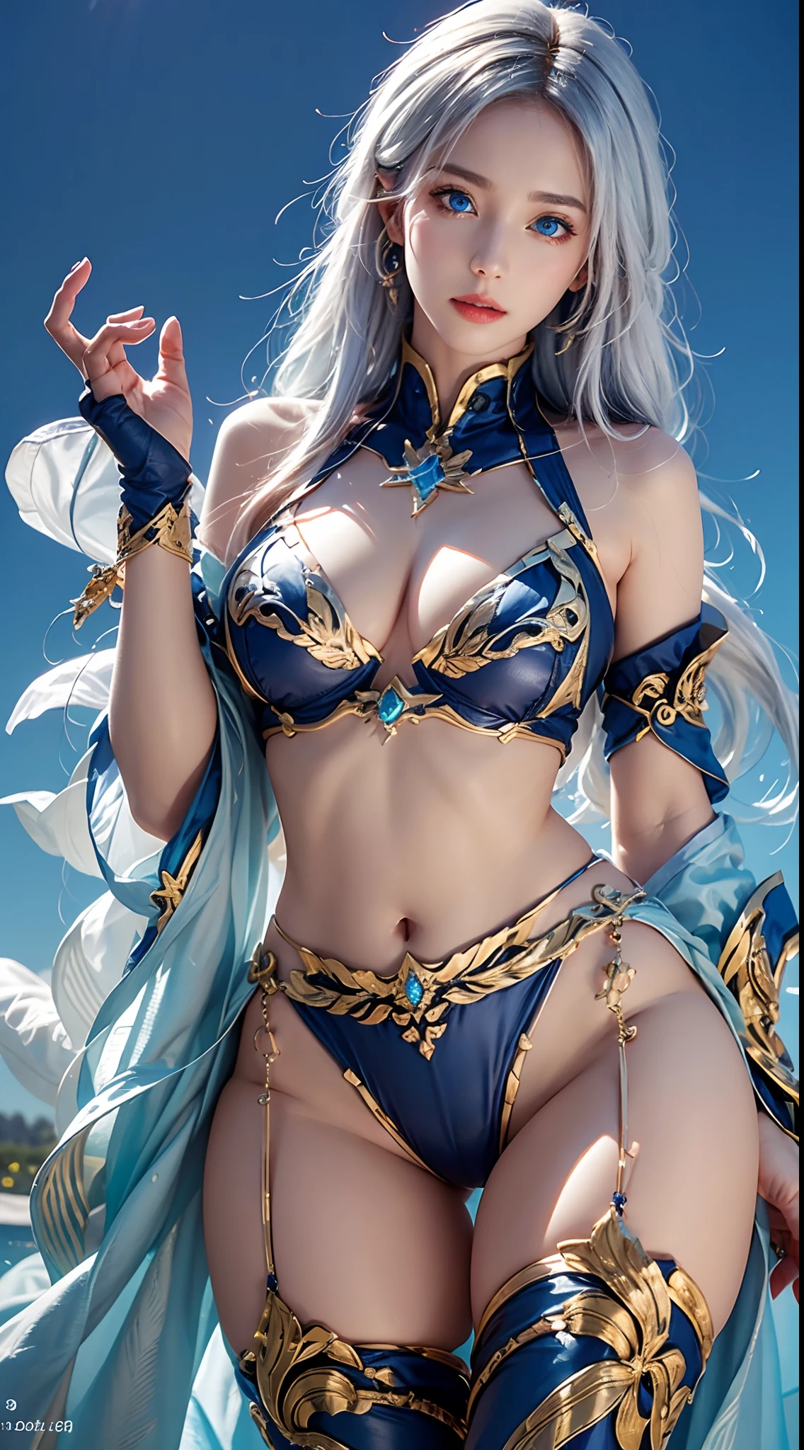 photorealistic, high resolution, soft lights, 1women, solo, hips up, look at viewer, (detailed face), blue eyes, white hair, long hair, photorealistic, masterpiece, photorealistic, high resolution, soft light, hips up, (blue eyes), jewelry, (milf, mature female), starryskybackground，Wearing shiny gold armor， Sexy lingerie type armor，Expose your chest，Expose the waistline，Exposing thighs，cool-pose， Saint Seiya Armor， messy hair