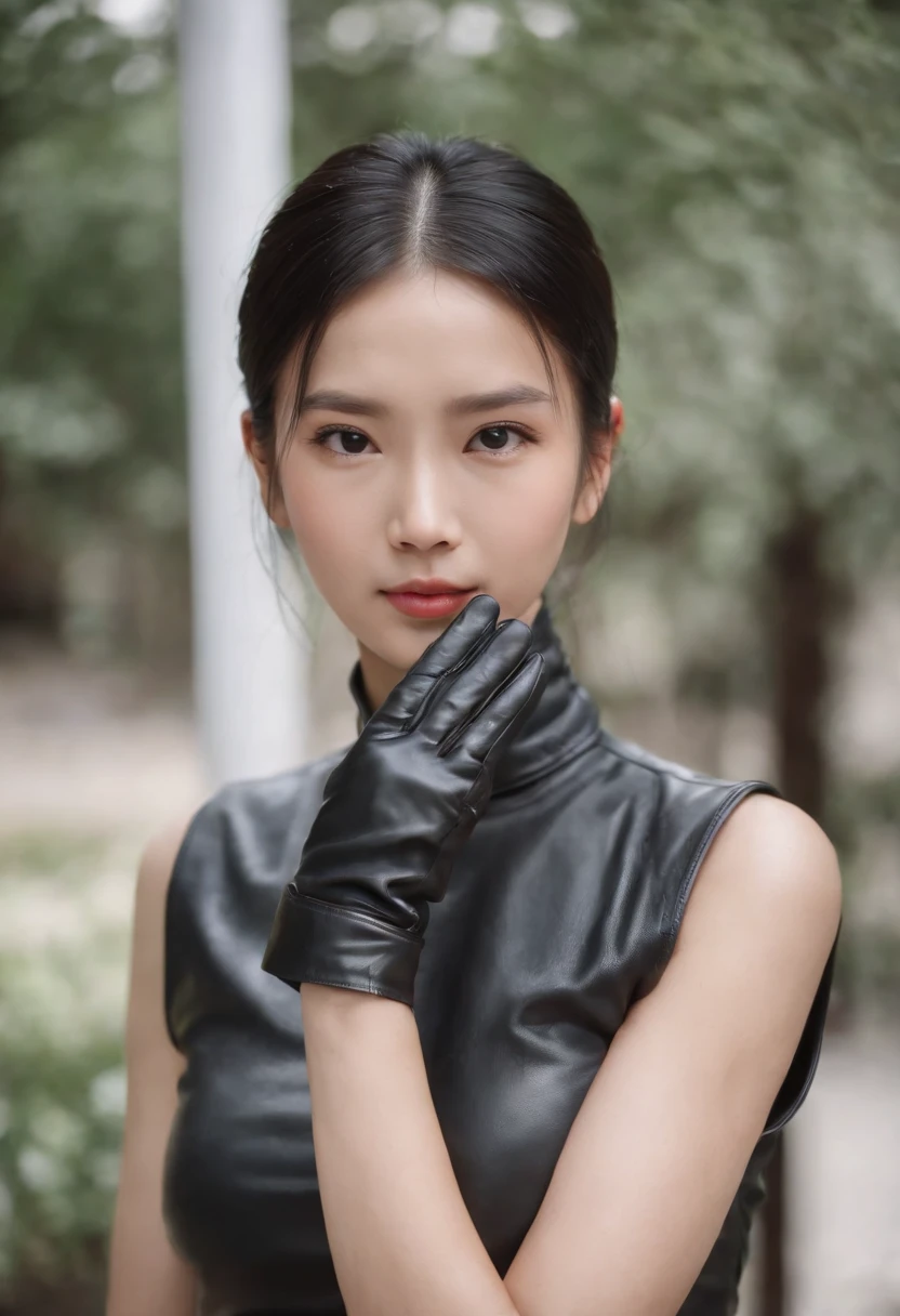 Black leather gloves in both hands, blazer and ribbon uniform, black hair ponytail, upper body, cute Japanese girl (black leather gloves covering both hands), traveling alone, eating rice balls with both hands of black leather gloves