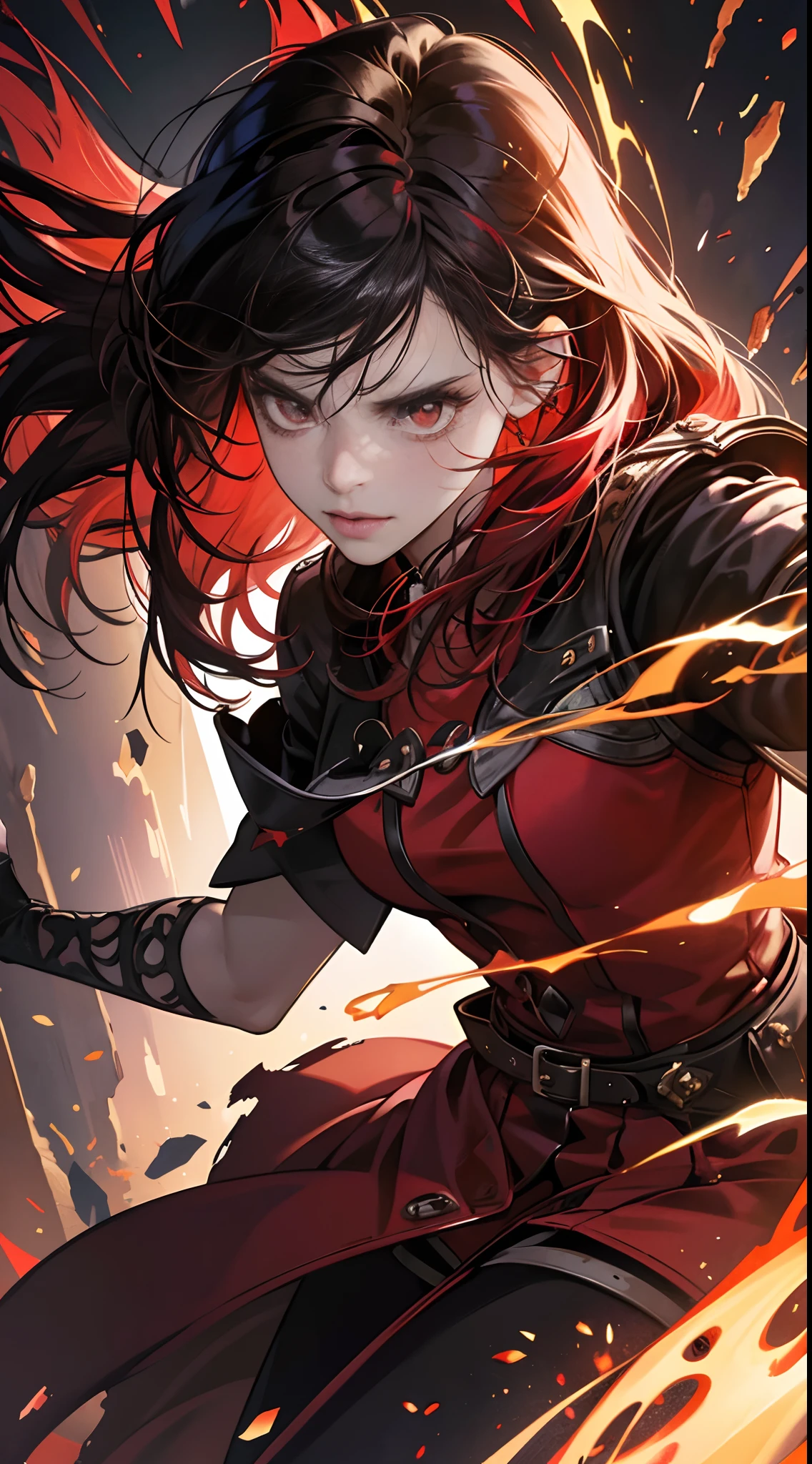 (Best Quality,4K,High resolution), 18yo woman, Red mesh hair on black hair, Long hair, Straight hair, , Comical appearance,(Best Quality,4K,High resolution), 18yo woman, Red highlights on black hair, Long hair, Straight hair, Transforming Woman,An abnormal,Cold eyes ,sharp eye,distressed look,Red glowing eyes,Facial expression enhancement,,Changing the Appearance of a Transform,beast,Beastification,Evil Fight,buttle,Delicate illustrations drawn in detail,Torn clothes with decoration,Disheveled clothes,Realistic portrayal,Vibrant colors,expresive,Classic background