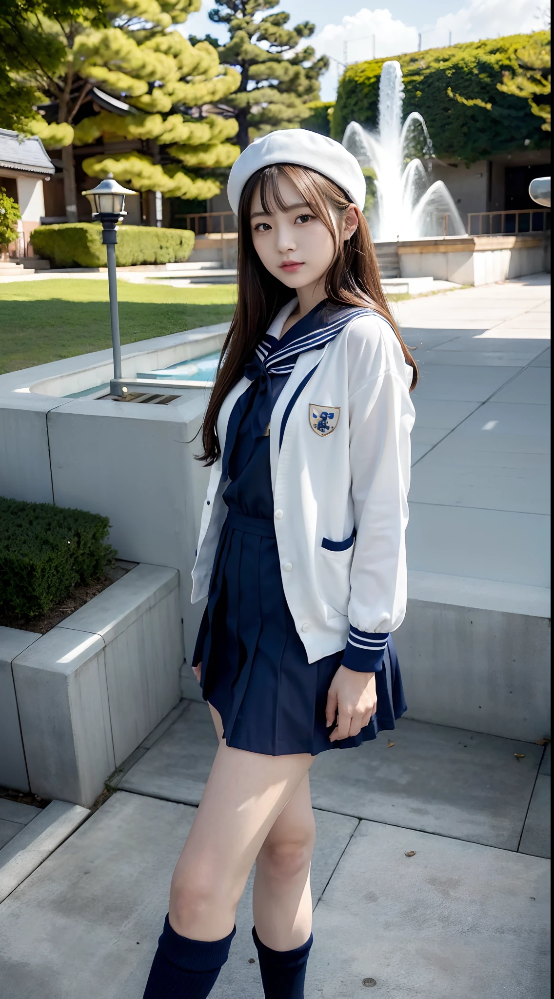 mix4, (16 K, Raw photography, Top image quality, masterpiece: 1.45), (realisitic, Photorealsitic: 1.37), one girls, 7.5, etc、Random hairstyle、Standing figure,Morning time slot、a very cute,a park,, profetional lighting, photon maping、physically-based renderingt, Gradient dark brown hair,, a handsome, Well-groomed and beautiful eyes、Large double eyelids、Very shiny、girl with, (((student clothes、Winter clothes、Sailor suit worn by Japan girl、Navy blue sailor color、scarf、a miniskirt, Small beret、high socks、lowfers))), Top Quality Photos, hight resolution, 1080p, (clearface), (Detailed face description), (Detailed hand description), (masterpiece), (Exquisite CG)、extreme light and shadows、dishevled hair、master work、abundant detail、(Fine facial features)、(top quality photo)、(masuter piece)、(A detailed eye)、Look in front of you、Fine clavicle、((Slender big))、(((Japan schooln sailor suit)))、((Idle system))、((a park、Slide、The fountain、seesaw))、(((neat and cute)))、耳Nipple Ring、A big smile、Drawing the whole body from the knees、Do not draw nasolabial folds、(((Cute sailor suit)))、(Big breasts that hang down big:1.2)、Big buttocks with tension、Two arms and two legs、(((from the front side:0.3)))、bare hand、No mask、