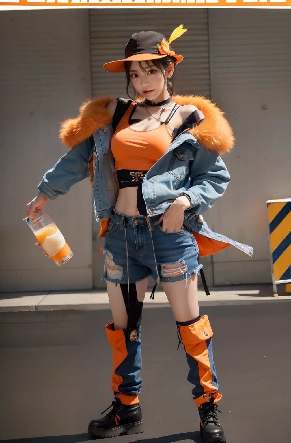 Idol of dancers、large full breasts、beautiful foot、、Orange tank top、Good Style、Japanese style boots、Blue Japan jacket、Shorts、Hats、knee sox、Holding orange juice in your right hand