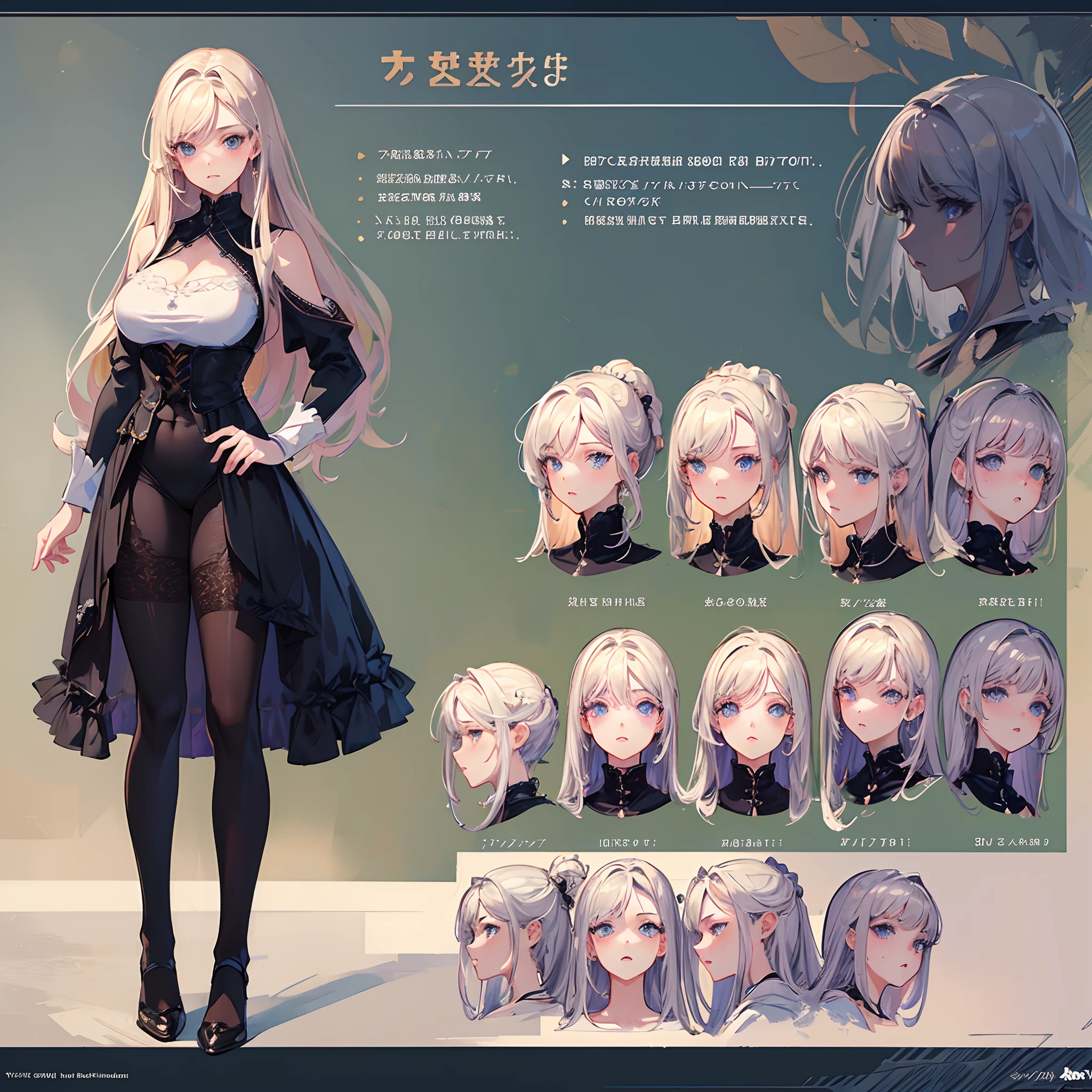 ((Masterpiece, Highest quality)), Detailed face, CharacterDesignSheet，full bodyesbian, perfectly proportions，Full of details, Beautiful  girl，lacepantyhose，epic exquisite  character art，Natural light