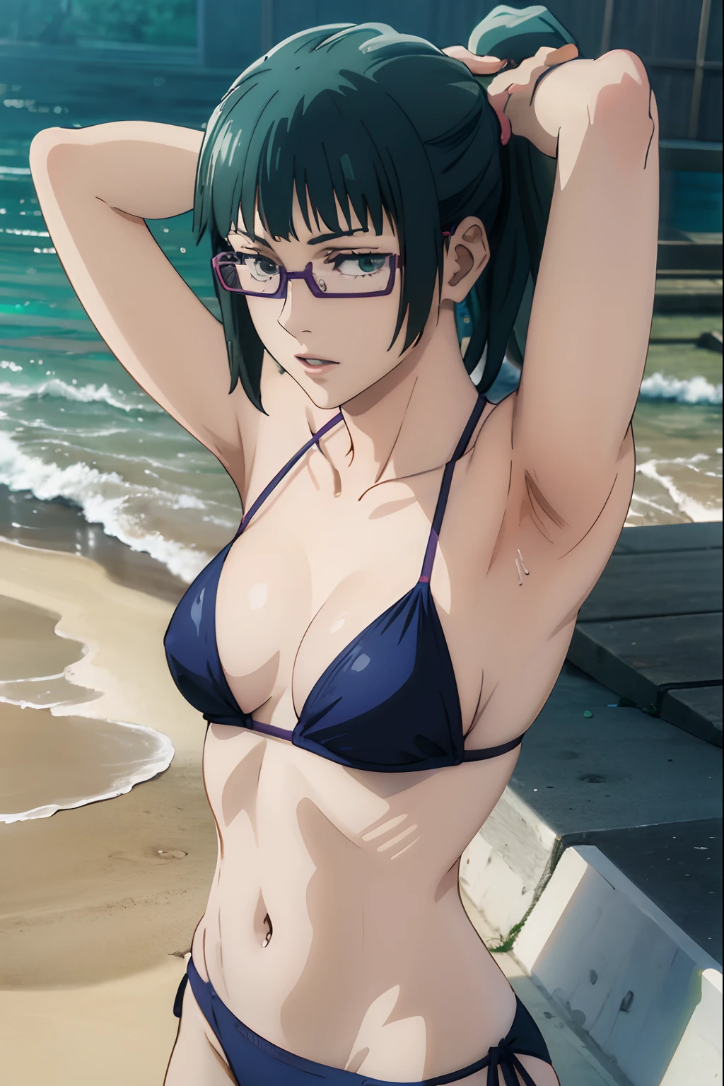 Girl in bikini on the beach, Enchanting anime girl, realistic bikini, Best Anime 4k Konachan Wallpapers, Smooth Anime CG Art, Fubuki, Where is the Gawau, in beach, Marine Kitagawa Fan Art, Ilya Kuvshinov. Racing in 4K, anime moe art style, Zhenyuan Maki. (Best Quality, 4K, Ultra-detailed, Realistic:1.2), Vibrant colors, Soft lighting, Beach-like atmosphere, Crystal clear water,Long ponytail,Girl Wearing Glasses