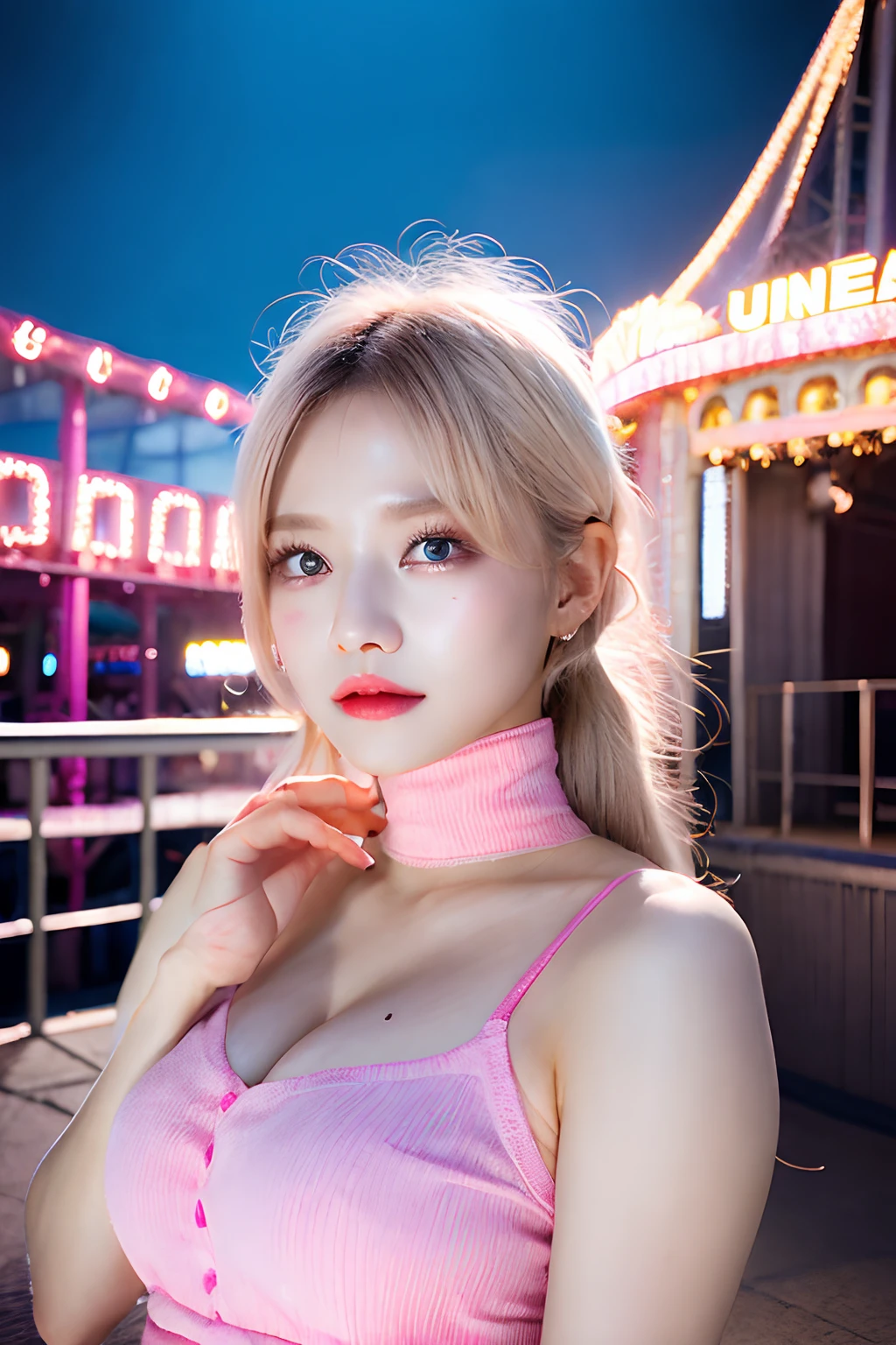 1chica en, Super beautiful girl, Dream Girl, Vestir de rosa, ulzzangs, danza, Concierto en el parque de atracciones en el fondo, lightning in the sky, Ultra detalles, Un hiperrealista, Kinematic , Renderizado de octanaje, 16 mil，una rubia