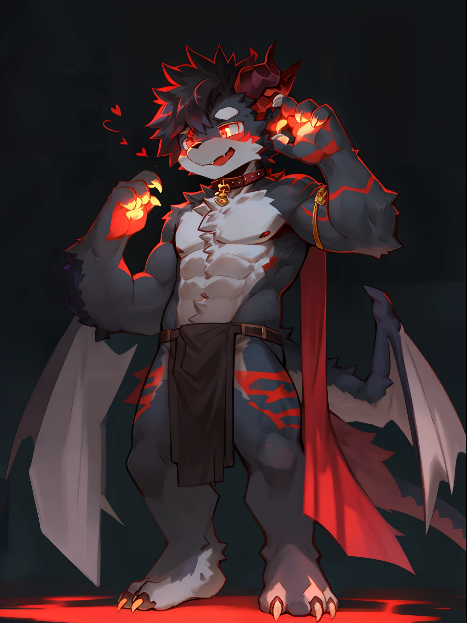 One guy，独奏，Full body like，shaggy male，hairy bodies，Correct anatomy，Detailed double eyes，glowing light eyes，Wearing a naked，Black loincloth，cabelos preto e longos，drak，shoun（thin tall body type），male people，There are small horns on the head，black-skinned，Muscular，Very large dragon wings，red striped，red color eyes，Evil God，glowing light eyes，Sharp claws，with light glowing，There is love in the eyes，Cute meat pad，Collar，adolable，Handsome，Evil charm，haughty，Large dragon tail，The Void，purple palace，Standing brainwashing，tongue stickout，The liquid runs down the lower gear，There is love for me，Possessive，Character subjects