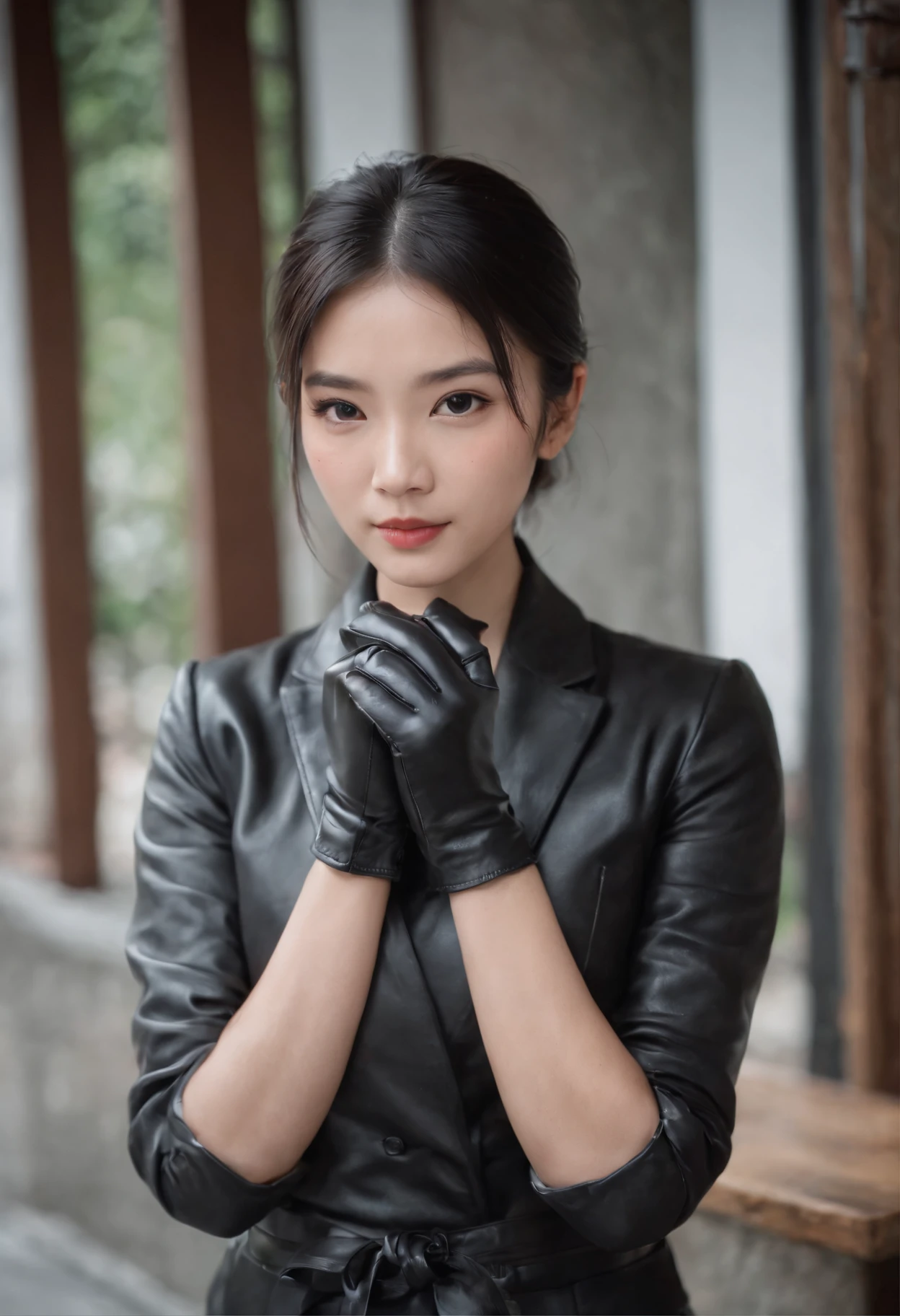 Black leather gloves in both hands, blazer and ribbon uniform, black hair ponytail, upper body, cute Japanese girl (black leather gloves covering both hands), traveling alone, eating rice balls with both hands of black leather gloves