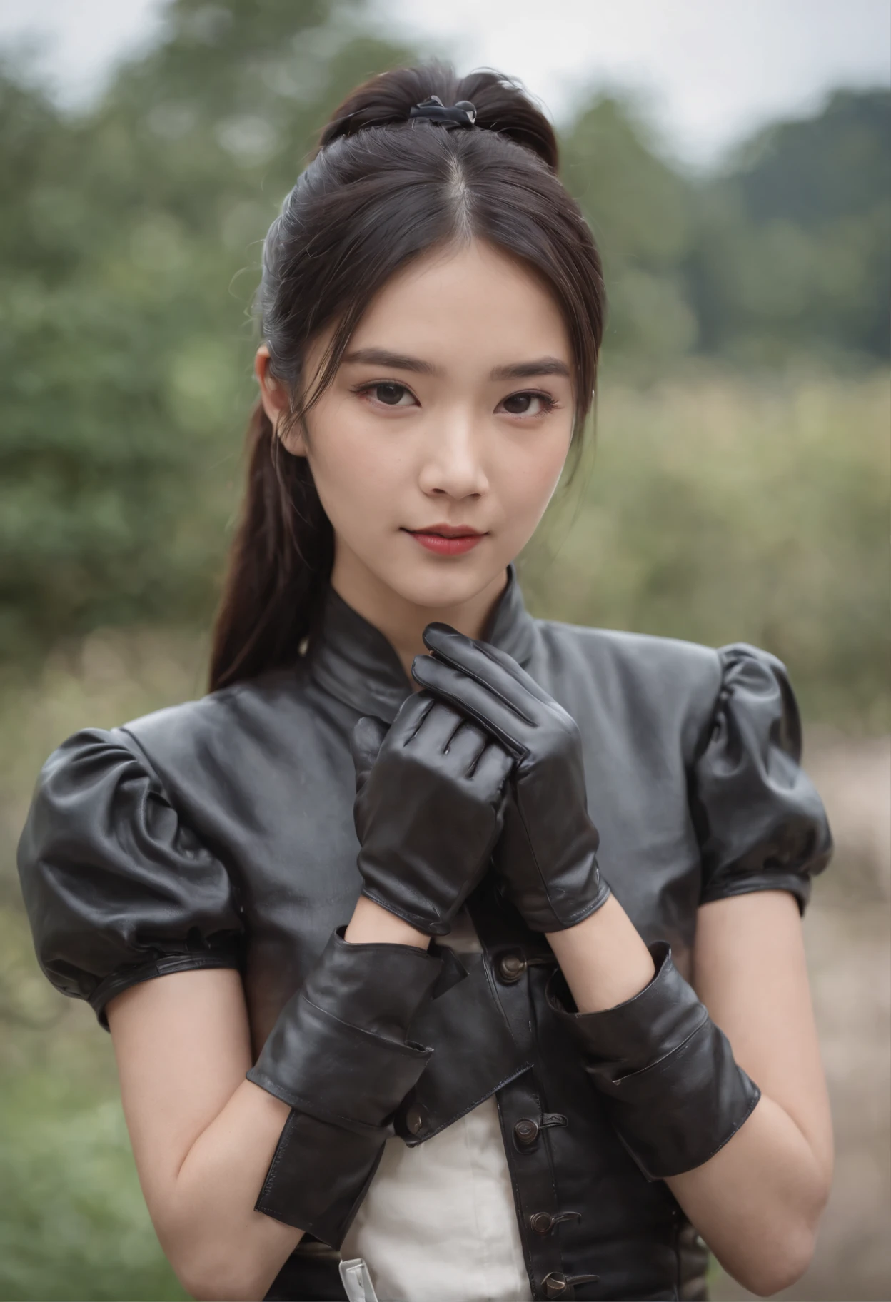Black leather gloves in both hands, blazer and ribbon uniform, black hair ponytail, upper body, cute Japanese girl (black leather gloves covering both hands), traveling alone, eating rice balls with both hands of black leather gloves