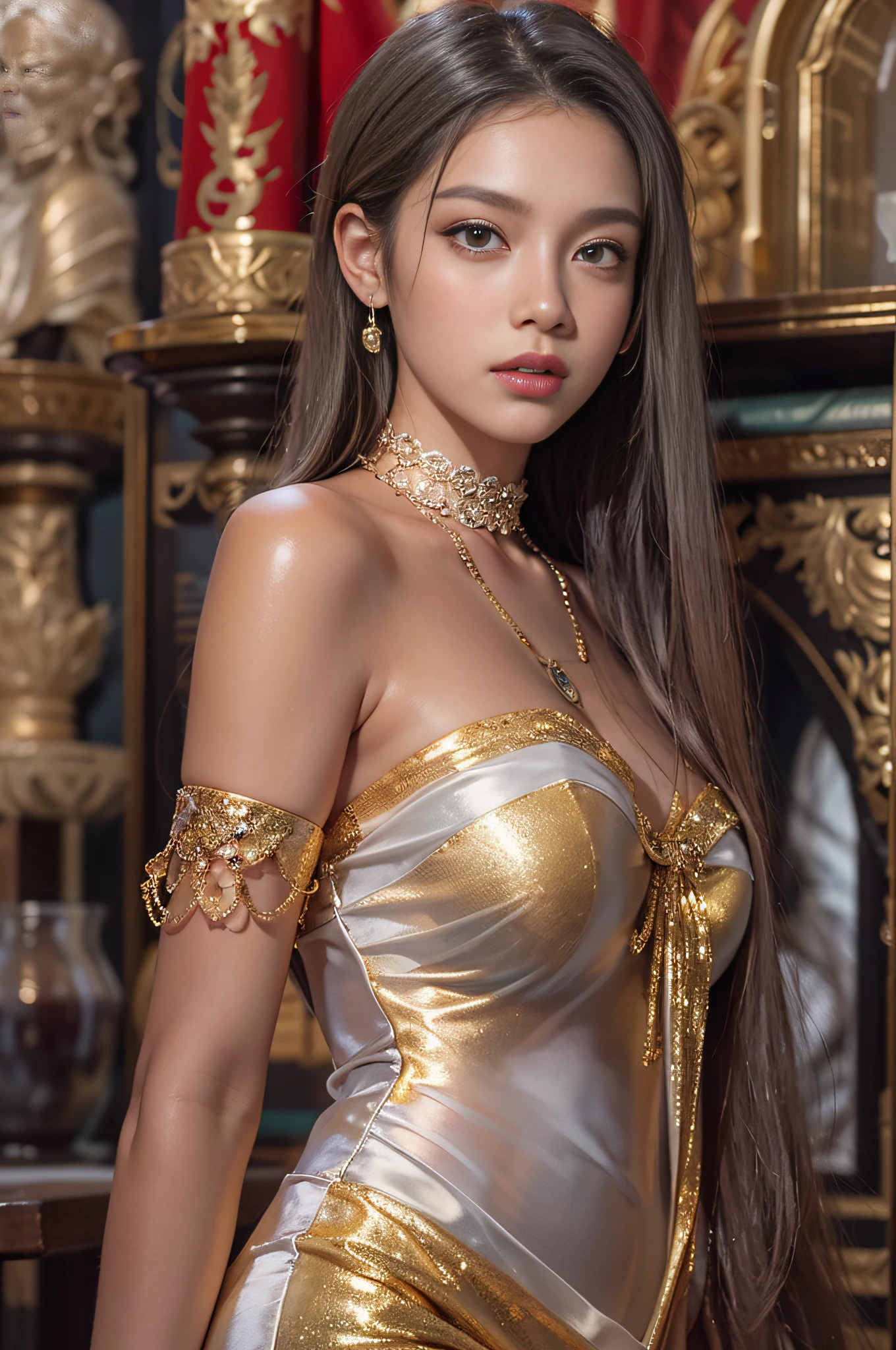 High-definition photo，Photorealistic，Ultra-high resolution large files，8K premium wallpaper，10x pixels，CG wallpaper with clear and realistic details，Top female portraits，Ultra-fine，Ultra-fine details：1.1，Advanced technical details：1.1，dynamicposes，Beautiful sexy woman，A sexy mature woman，Royal sister style，Mixed-race females，Long white and silver hair，He has long white and silver hair，Clear and realistic hair，Clear strands of hair，Delicate eyelash makeup，Very careful eyes and face，Beautiful fine eyes，tthin eyebrows，Super detailed eyes，Beautiful sexy big red lips，Mature face，Delicate facial makeup，Careful facial works，, Pretty face, A perfectly proportioned face,（Advanced facial details：1.1）Perfect body shape，Perfect body ratio，Bumpy figure，mannequin，A collection of shiny liquid gold luxury dresses，Light gold bright red sequin dress，Sequin coat，Shiny，Tight long skirt，Summer sexy hips wrapped in fishtail sleeveless commute Maxi，Horse socks 100%Oil pastel tray gloss silk gloss 8D black silk woman，Stiletto heels，mitts，Beautiful long dress，wonderful dress，Bright light gold bright red series，A collection of haute couture dresses，Dress photography，Authentic dress pieces，Slim，sexy for，jewelry，choker necklace，耳Nipple Ring，Bracelet，indoor background，In the banquet hall，Women's artwork，full-body view，Goddess of dress，真实感，Amazing (aegyo sal:1)（Korean idol-face）Mature Woman Photography Work，Light gold collection，Bright red satin dress，Real Photographics，True and clear，Stylish artwork，Goddess of dress，Women's artwork，full-body view，Fantasyart，Fine top-of-the-line work，High-level detail works