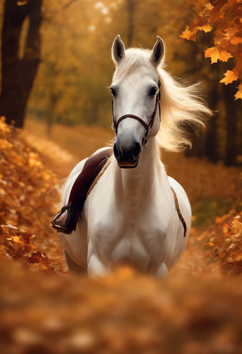 (8K, 16K, Award Winning, Top Quality, High Definition, Super Detailed, Textured Skin, Anatomically Correct, Photorealistic, Live Photography, Mastepiece: 1.3), (In a Dress on a White Horse Princess: 1.3), white horse running in the forest, autumn leaves, dancing autumn leaves, princess being chased by someone, running away, leaning forward, dignified face, wind expression, path of fallen leaves, face detail, finger detail,