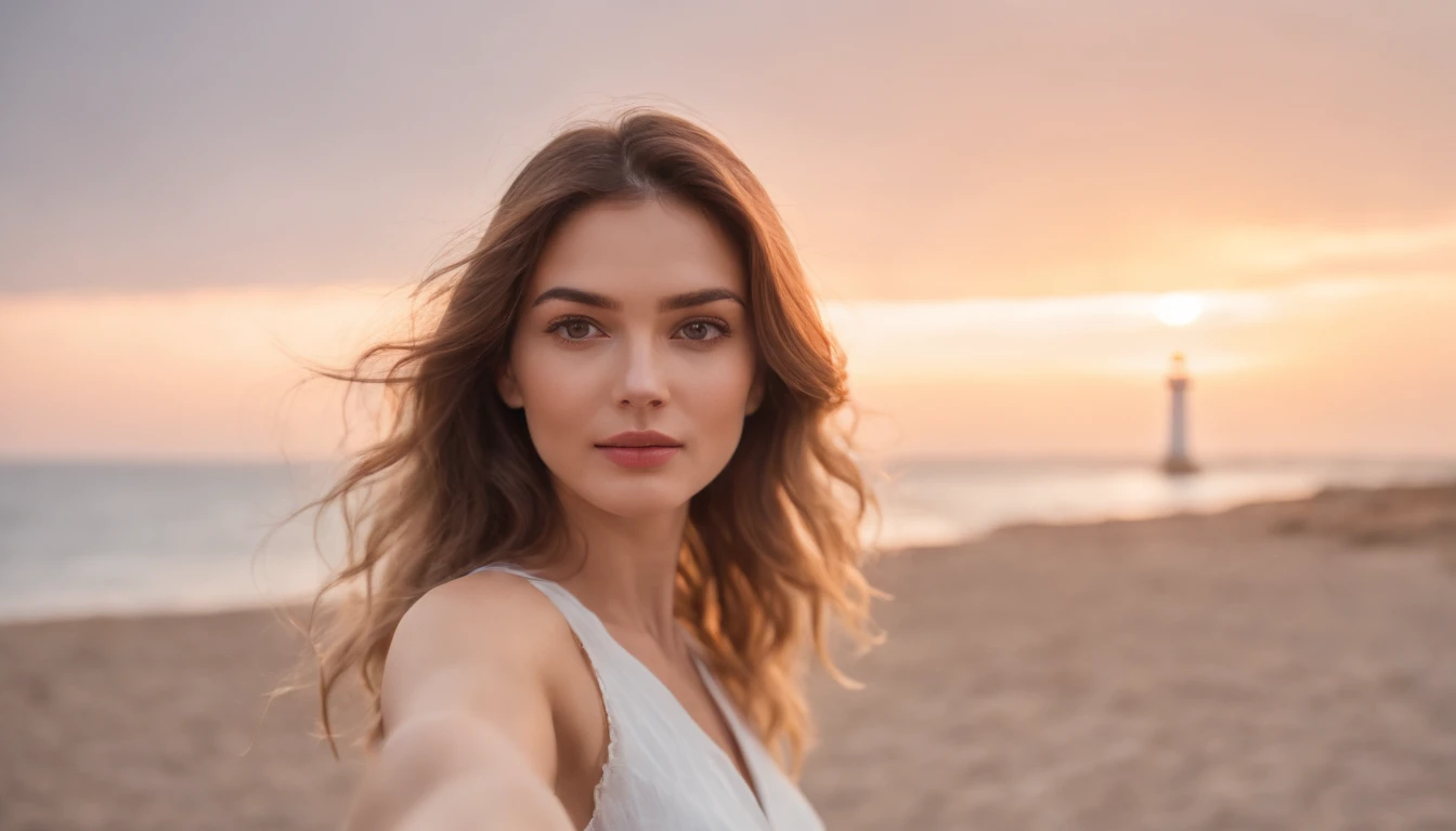 A woman takes a selfie on the beach at sunset, The wind blew through her messy hair. The sea stretched behind her,lighthouse,Coastal , Create stunning aesthetics and atmosphere ,35 mm lens, emphasis lighting, Global illumination
