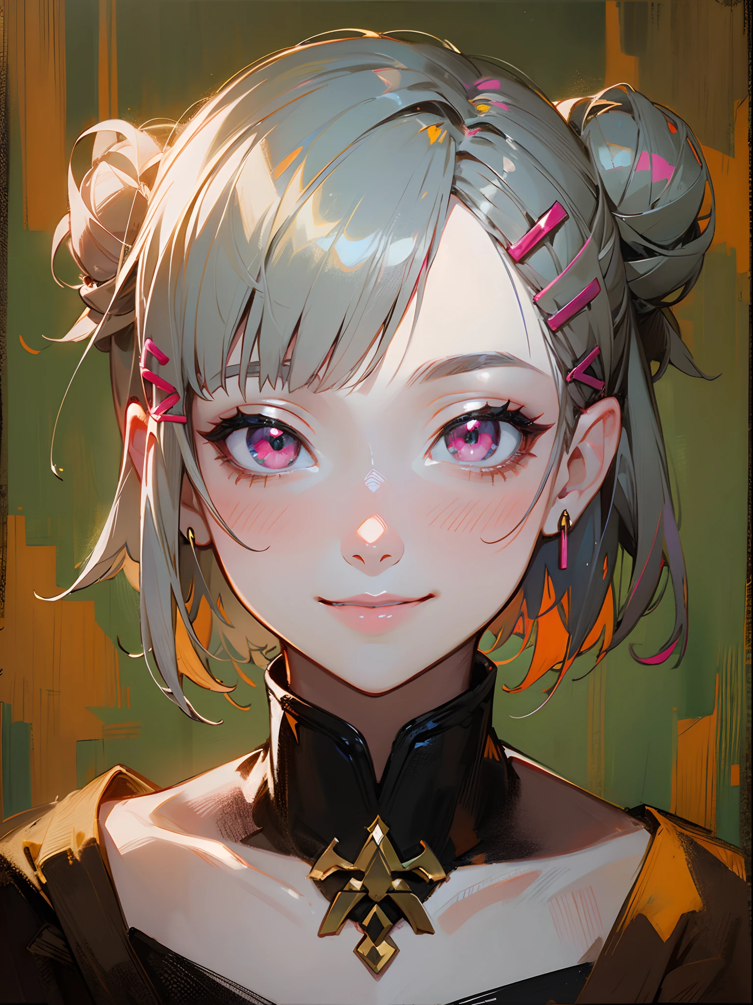 Single Portrait, girl with, Smile, Impression, (Oil Painting), Green and orange tones, Zelda Style, Short hair with silver bob styled in a bun with hair clip, Pink eyes