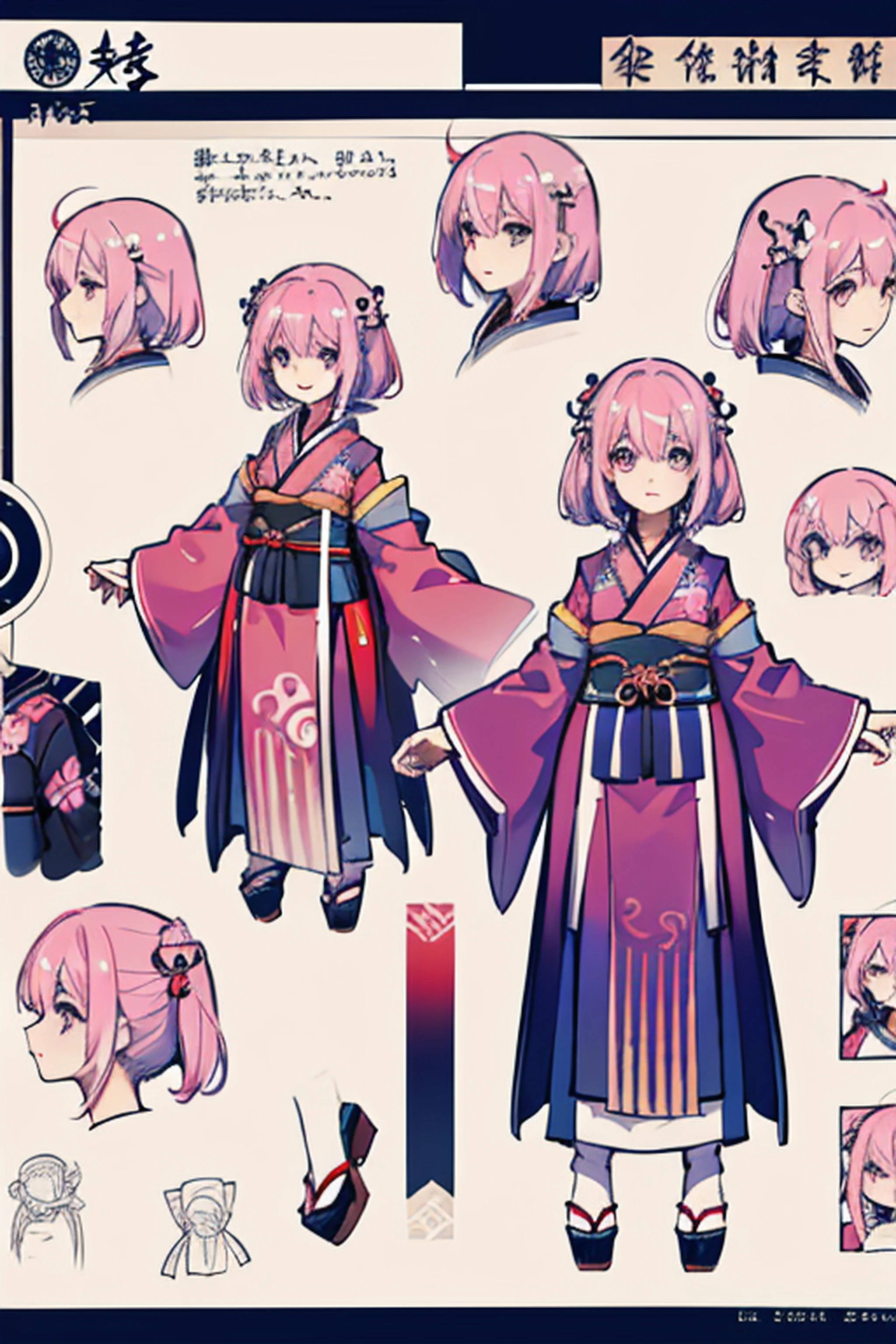 1人, reference sheet, (Fantasy character design, ) Girl, komono, Japanese goddess, Imperial kimono,frontage,quadratic element