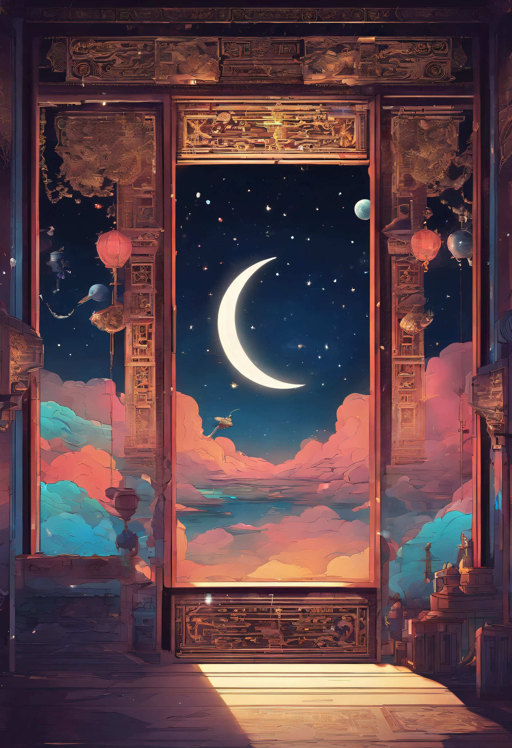 Through the window，
That mysterious night recently，
In the twilight
It is the most romantic picture
That dark night
A moon inlaid with tenderness
Illuminates the surrounding clouds
This dark night cloud
It is a mural painting of the Mogao Caves
Cleansing the inner stream