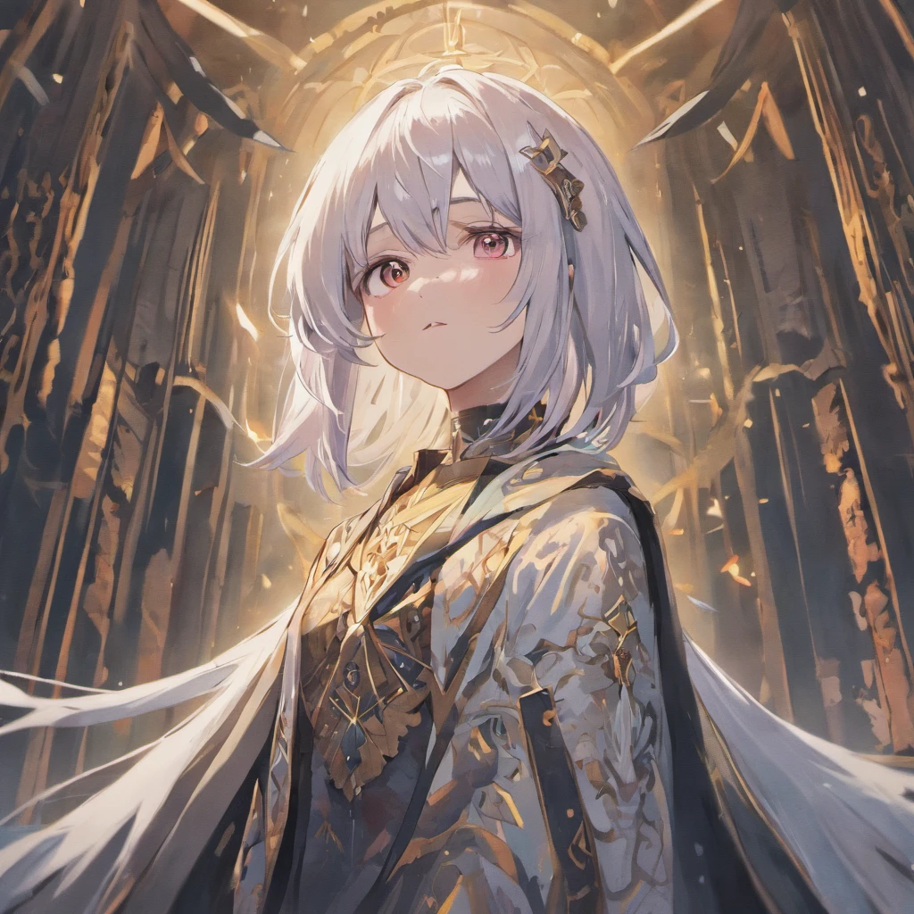 Boy with black hair and white hair,The hair hangs almost down to the neck,Wearing a half-dead mask,Stand at the intersection of light and darkness:HD graphics,holy paladin,Holy Grail War,tarot。