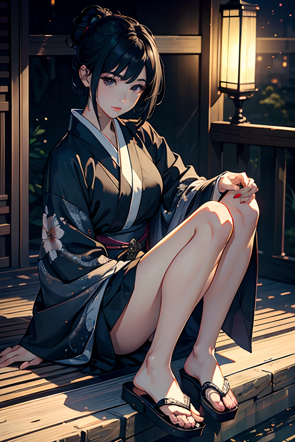 masterpiece, top-quality, Detailed details, Detailed landscapes, beatiful lights, Beautiful Shadows, Neat and clean woman, 28 year old,Black eyes, A wistful look,eye liner,Short hair、silber hair、Kimono appearance、Detailed kimono texture、Wearing geta、detailed skin textures, Tyndall effect,