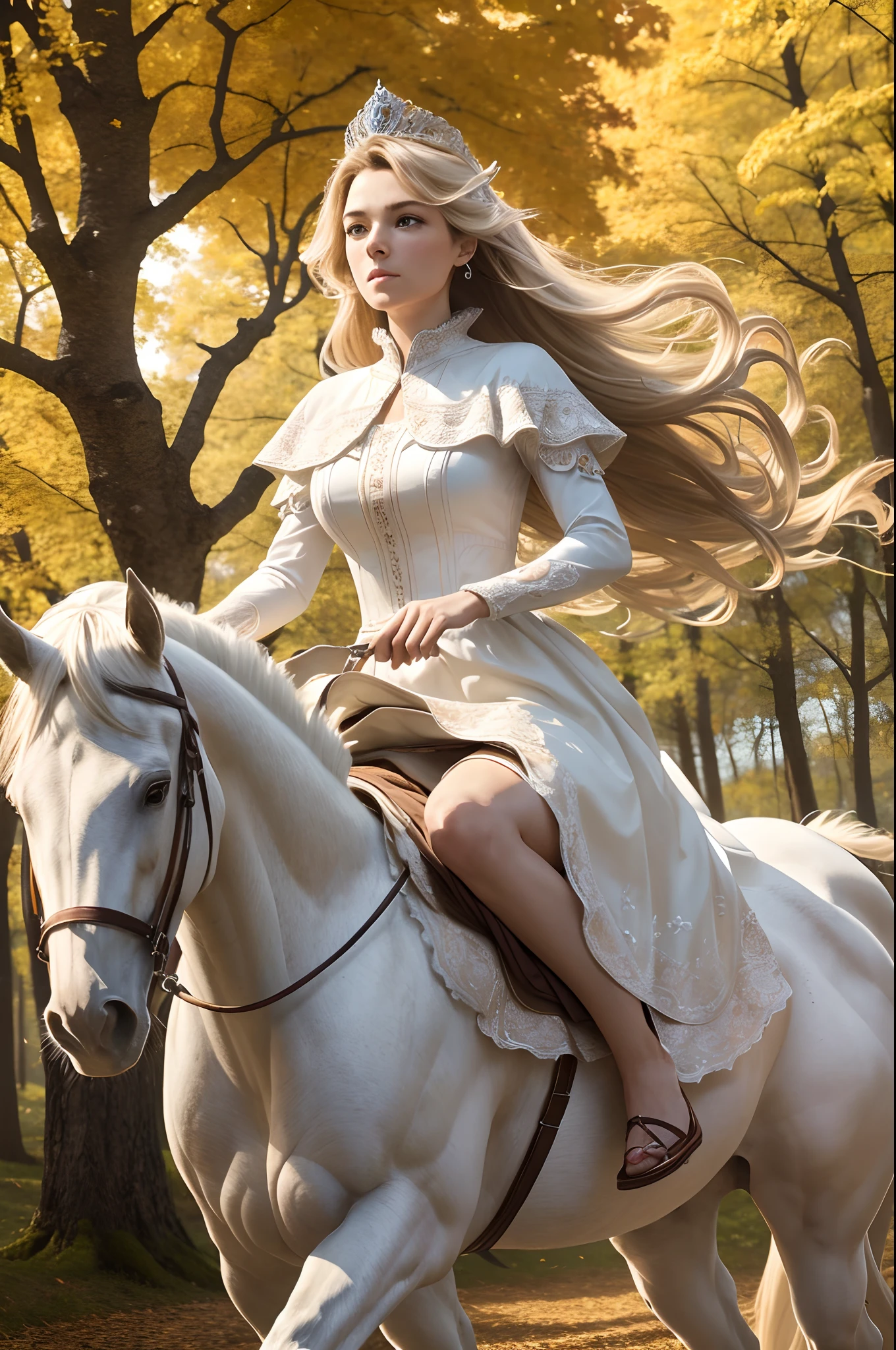 (8K, 16K, Award Winning, Top Quality, High Definition, Super Detailed, Textured Skin, Anatomically Correct, Photorealistic, Live Photography, Mastepiece: 1.3), (In a Dress on a White Horse Princess: 1.3), white horse running in the forest, autumn leaves, dancing autumn leaves, princess being chased by someone, running away, leaning forward, dignified face, wind expression, path of fallen leaves, face detail, finger detail,