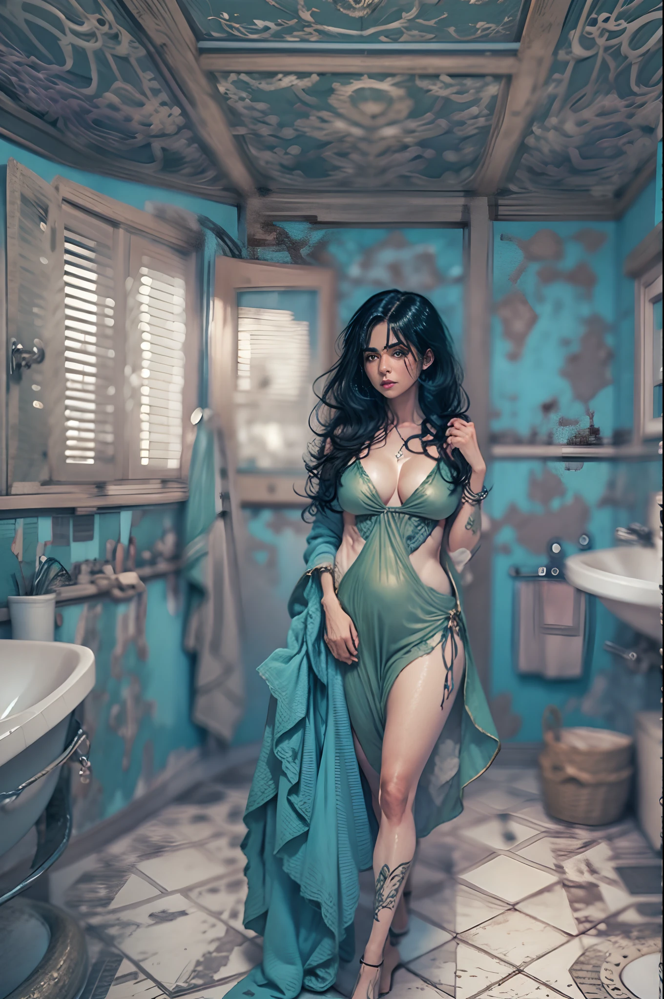 Different mood pakistan woman with very black hair, showing clevage, clutched in voilet towel, wide angle in a blue vintage bathroom, perfect anatomy, illustrative, painterly, detailed, UHD drawing, pen and ink, perfect composition, beautiful detailed intricate insanely detailed octane render trending on artstation, 8k artistic photography, photorealistic concept art, soft natural