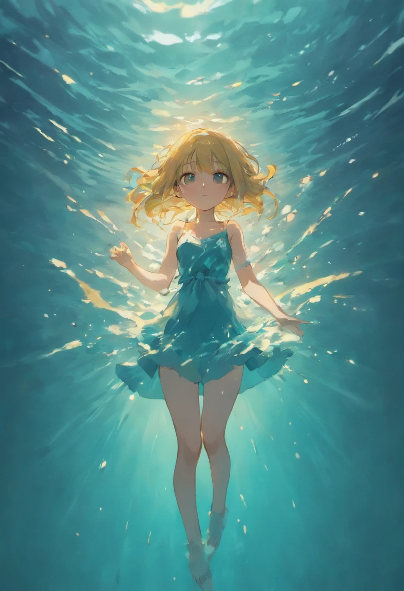 A girl fell into the water, With his back to the camera, Sideways, letterboxed, partial underwater shot, Wide shot, Atmospheric perspective, in a panoramic view