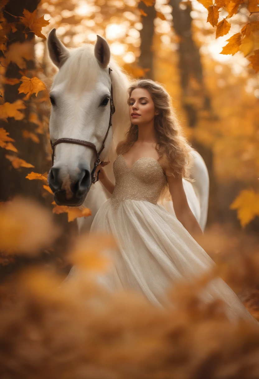 (8k, 16k, award winning, highest quality, high resolution, super detail, textured skin, anatomically correct, photorealistic, raw photography, masterpiece: 1.3), (Princess in a white dress on a white horse :1.3), a white horse running through a forest of autumn leaves, dancing autumn leaves, a princess being chased by someone, running away, dynamic, a dignified face, an expression of the wind, a path of fallen leaves, details of the face, details of the fingers,