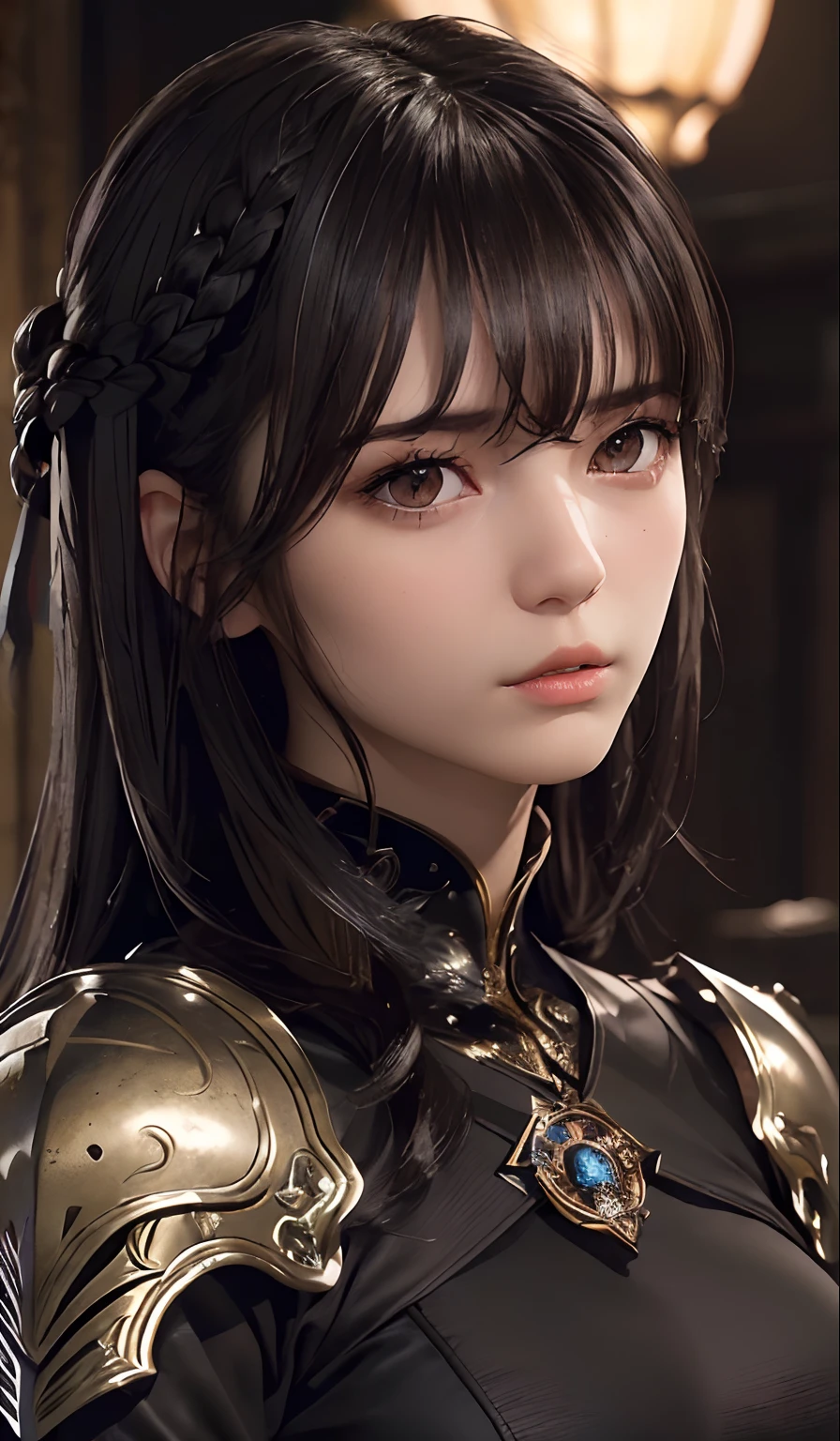 ((top-quality、​masterpiece:1.3))、sharp:1.2、Perfect Body Beauty:1.1)、Highly detailed facial and skin texture、Detailed eye、Fantasia、(Pitch black armor:1.3)、二重まぶた、((Longhaire:1.5))、(dark brown  hair)、(well-groomed bangs:1.2)、((One Woman))、Holding the sword、fantasy castle、Black Knight、darkened room、Darkness Falls、The Knight Who Turned Evil、Fallen into evil、Evil Warrior、((Beautiful hairstyle:1.4))、(huge tit)