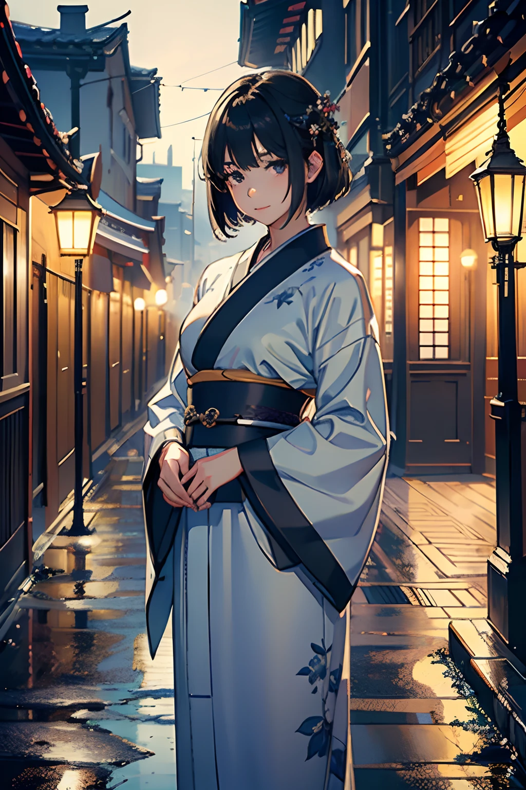 ​masterpiece, top-quality, Detailed details, Detailed landscapes, beatiful lights, Beautiful Shadows, Neat and clean woman,Standing、 18year old,Black eyes, innocent smiles、,eye liner,Short hair、silber hair、long kimono、Accurate kimono modeling、Detailed kimono texture、(Wearing clogs)、detailed skin textures, Tyndall effect,