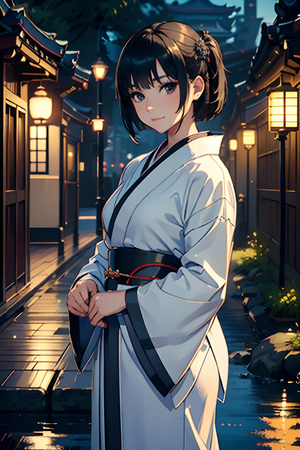 ​masterpiece, top-quality, Detailed details, Detailed landscapes, beatiful lights, Beautiful Shadows, Neat and clean woman,Standing、 18year old,Black eyes, innocent smiles、,eye liner,Short hair、silber hair、long kimono、Accurate kimono modeling、Detailed kimono texture、(Wearing clogs)、detailed skin textures, Tyndall effect,