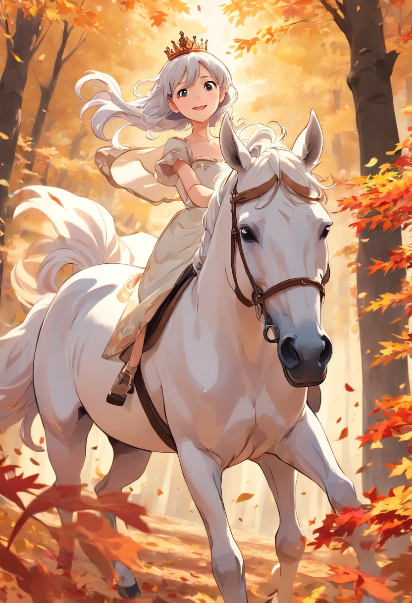 (8K, 16K, Award Winning, Top Quality, High Definition, Super Detailed, Textured Skin, Anatomically Correct, Photorealistic, Live Photography, Mastepiece: 1.3), (In a Dress on a White Horse Princess: 1.3), white horse running in the forest, autumn leaves, dancing autumn leaves, princess being chased by someone, running away, leaning forward, dignified face, wind expression, path of fallen leaves, face detail, finger detail,