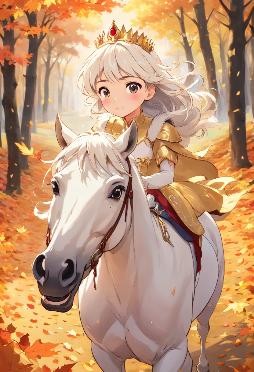 (8K, 16K, Award Winning, Top Quality, High Definition, Super Detailed, Textured Skin, Anatomically Correct, Photorealistic, Live Photography, Mastepiece: 1.3), (In a Dress on a White Horse Princess: 1.3), white horse running in the forest, autumn leaves, dancing autumn leaves, princess being chased by someone, running away, leaning forward, dignified face, wind expression, path of fallen leaves, face detail, finger detail,