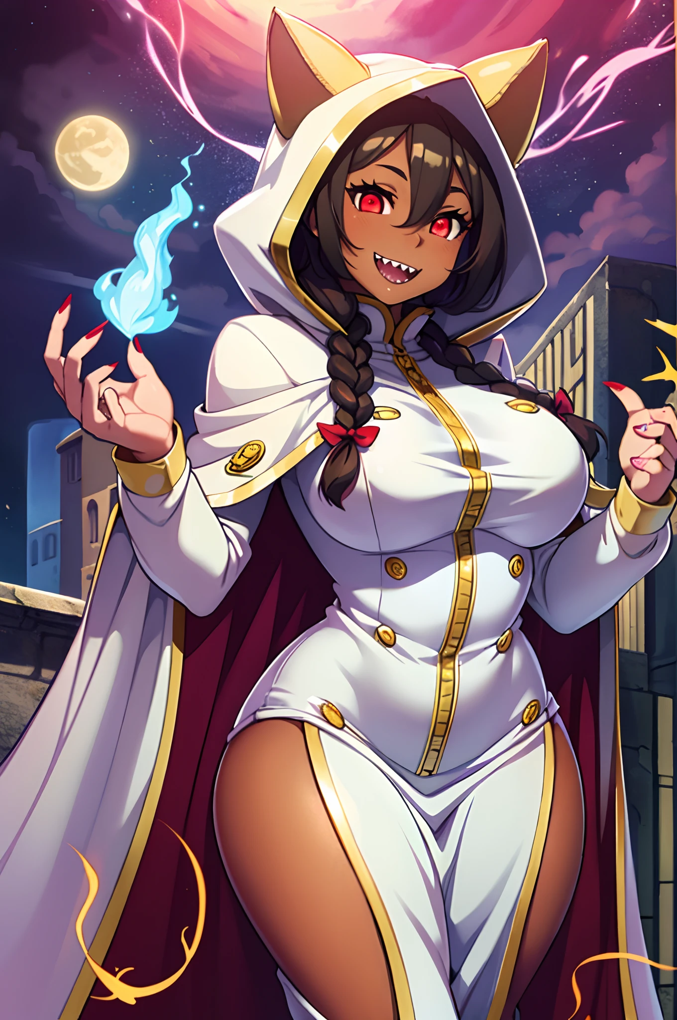 (masterpiece, best quality, high resolution, unity 8k wallpaper, extremely detailed CG:1.2), (illustration:1.0), beautiful detailed eyes, extremely detailed face, perfect lighting, cowboy shot, 1girl, taokakams, hood, animal hood, cat hood , hoodie, red eyes, grin, claws, breast, curvy, female,fantasy goddess,there is a cartoon picture of a woman with a very large breast, glowing angelic being, glowing holy aura, inspired by Luma Rouge, the non-binary deity of spring, ethereal rainbow nimbus, the butterfly goddess of fire, inspired by Marie Angel, glowing aura around her, astral fairy, as the goddess of the sun, “uwu the prismatic person, big breast, happy, beautiful eyes, , full body, walking, long robe, long dre, catgirlss, nun, priestess ,holy, smile, brown hair, cloak, vest, pullover, pants, darkskinned-female, sharpteeth, walking, boots, red eyes, long dress,panthyhose, twinbraids