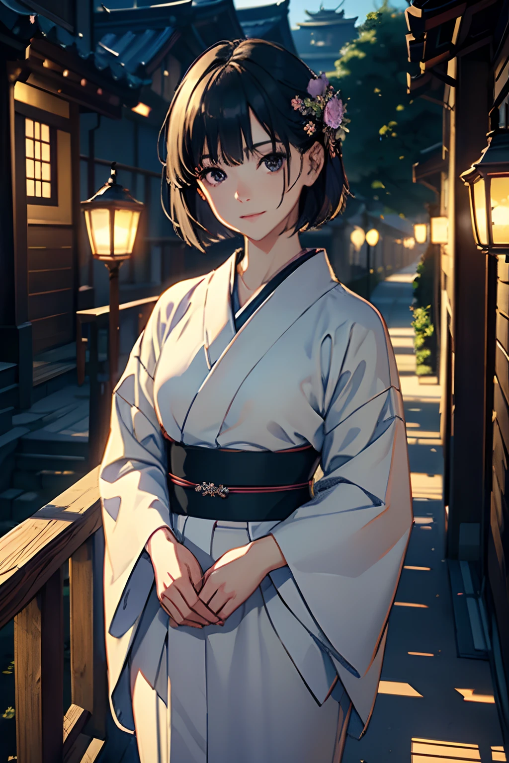 masterpiece, top-quality, Detailed details, Detailed landscapes, beatiful lights, Beautiful Shadows, Neat and clean woman,Standing、 18year old,Smaller chest、Black eyes, innocent smiles、,eye liner,Short hair、silber hair、(long kimono)、Kimono in muted colors、Accurate kimono modeling、Detailed kimono texture、(Wearing clogs)、detailed skin textures, Tyndall effect,