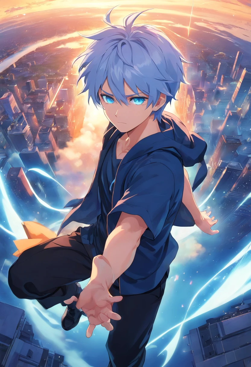 Satoru Gojo, jujutsu kaisen, anime big breast, ung man, Skysky, Float, From above, Amazing, Focused, Blue light, Blue eyes, White hair, Black shirt, at the battlefield, Powerful aura of magic, Depth of field.