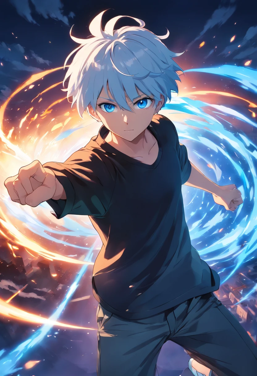 Satoru Gojo, jujutsu kaisen, anime big breast, 1 young man, Skysky, Float, From above, Amazing, Focused, Blue light, Blue eyes, White hair, Black shirt, at the battlefield, Powerful aura of magic, Depth of field.