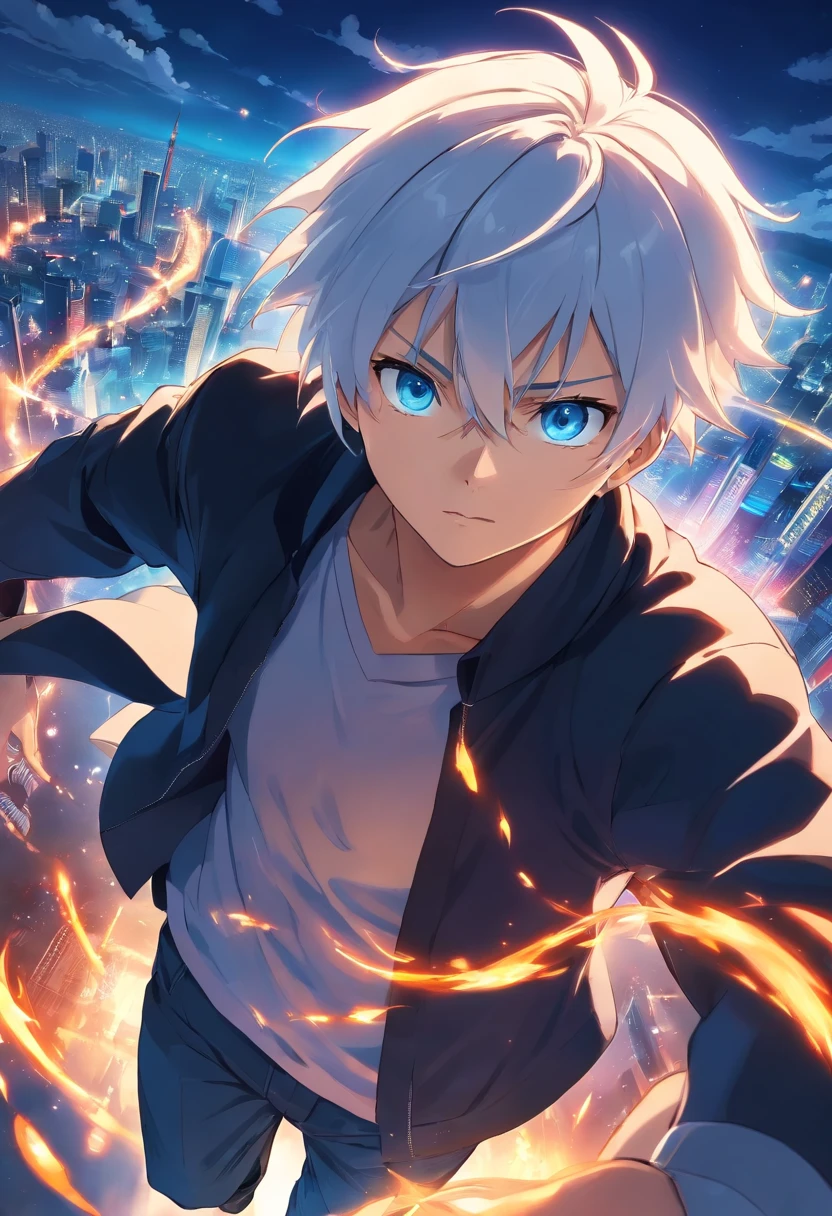 Satoru Gojo, jujutsu kaisen, anime big breast, 1 young man, Skysky, Float, From above, Amazing, Focused, Blue light, Blue eyes, White hair, Black shirt, at the battlefield, Powerful aura of magic, Depth of field.