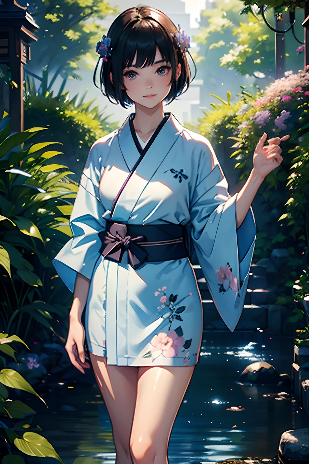 masterpiece, top-quality, Detailed details, Detailed landscapes, beatiful lights, Beautiful Shadows, Neat and clean woman,Standing、 18year old,(Smaller chest)、Black eyes, innocent smiles、,eye liner,Short hair、silber hair、(long kimono)、Indigo kimono、with floral pattern、Accurate kimono modeling、Detailed kimono texture、(Wearing clogs)、detailed skin textures, Tyndall effect,
