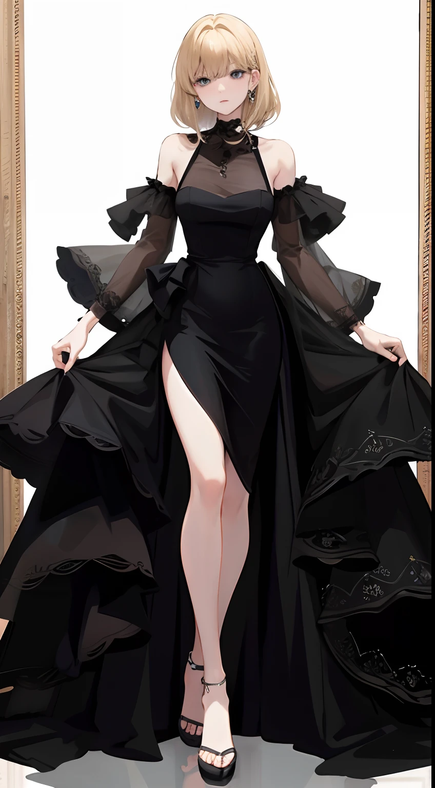 masterpiece: 1.7, top-quality, Well-formed face、Face down、Soio、a blond、Understanding the whole body、The whole body is reflected、Feet are also reflected、bare-legged、she is wearing a black dress、Wearing elegant dresses、an elegant woman in black dress、wearing black camisole outfit、open dress、wearing long dresses、wearing long dresses