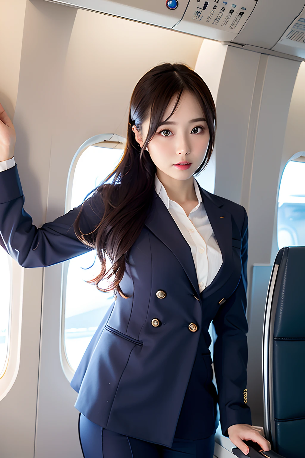 Top Quality, Masterpiece, 8K, Ultra High Definition, (Photorealistic: 1.4), 1 Girl, Beautiful Face, Symmetrical Eyes, Big, Perfect Body Proportions, Stewardess Uniform, Viewer's Look, (Inside the Airplane: 1.2), Front View, Shoulder Jump, Absolute Area (1.3),