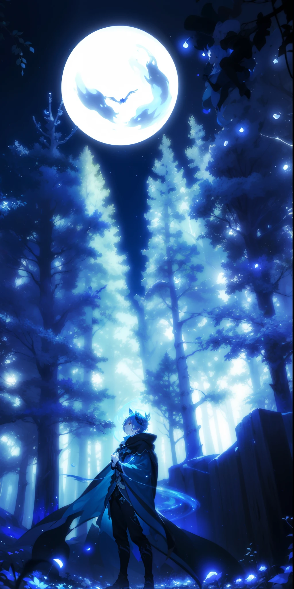 (best quality, masterpiece:1.2), magical forest illumination, ethereal hues, enchanting blue moon, mysterious figure in a dark cloak, amidst the shimmering blue light forest, swirling particles of luminous blue