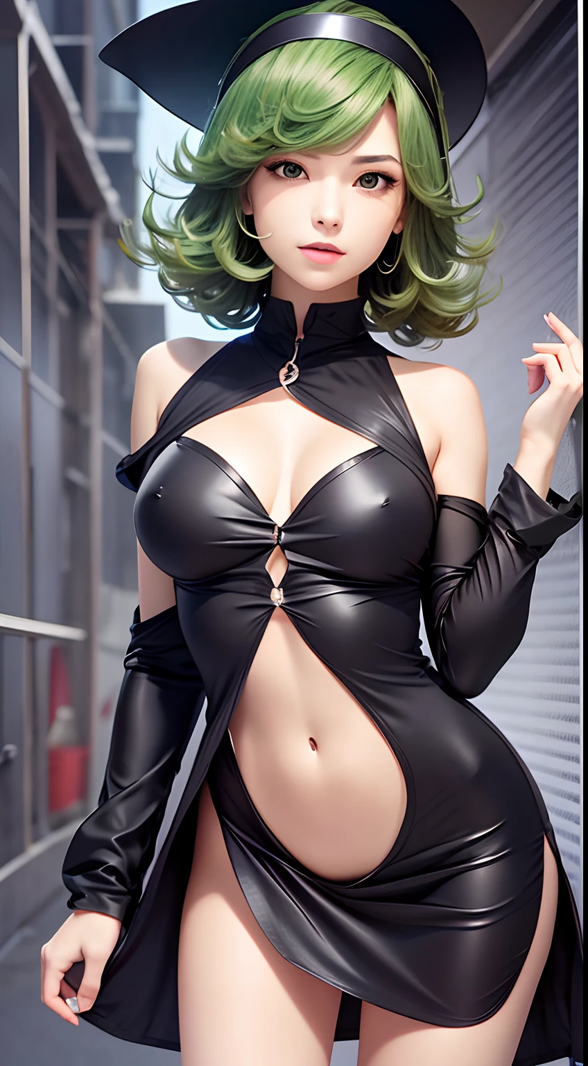 Tatsumaki, 1girl, solamente, ojos verdes, cabello verde, senos, small breasts, nipple protrusion: 2.0, rizado, vestido negro, Mira el visor, Ombligo cubierto, Fondo simple, manga larga, vestido, Muslos, boca cerrada, pierna alta, Cabello invertido, sonrojarse, flequillo, pelo corto, cabello mediano, Disparo de vaquero, highest qualityr, High resolution.