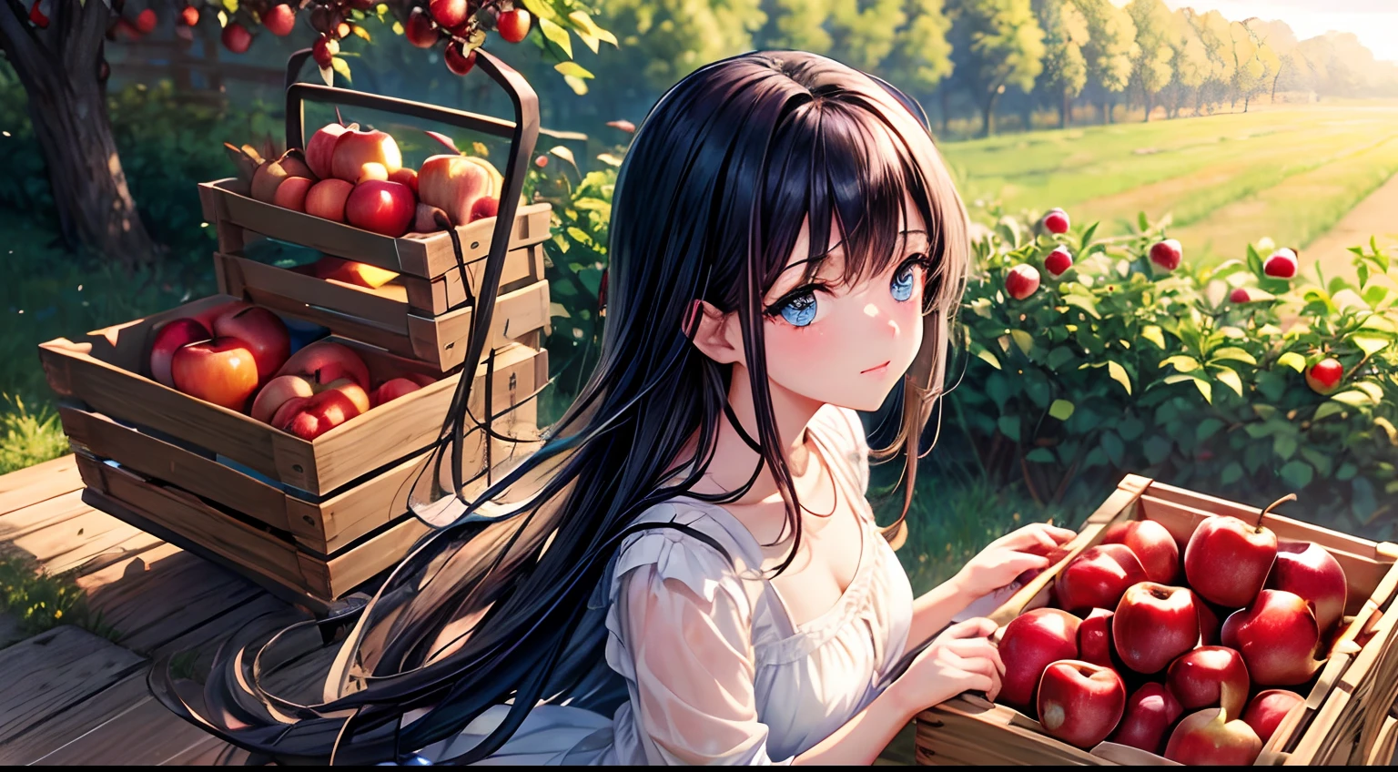 blue eyes black hair girl with a close up of a wooden crate filled with red apples, apples on the ground, picking apples from a tree, standing in an apple orchard, idyllic and fruitful land, shutterstock, apple trees, red apples, apples
