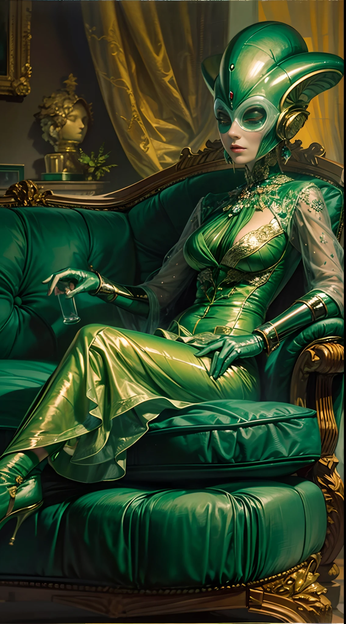 A vivid oil painting of an alien woman with an ant's head, donned in a gleaming plug suit of emerald green. She reclines on a velvet chaise longue in a Victorian-era parlor, exuding an air of aristocratic elegance amidst the bizarre.