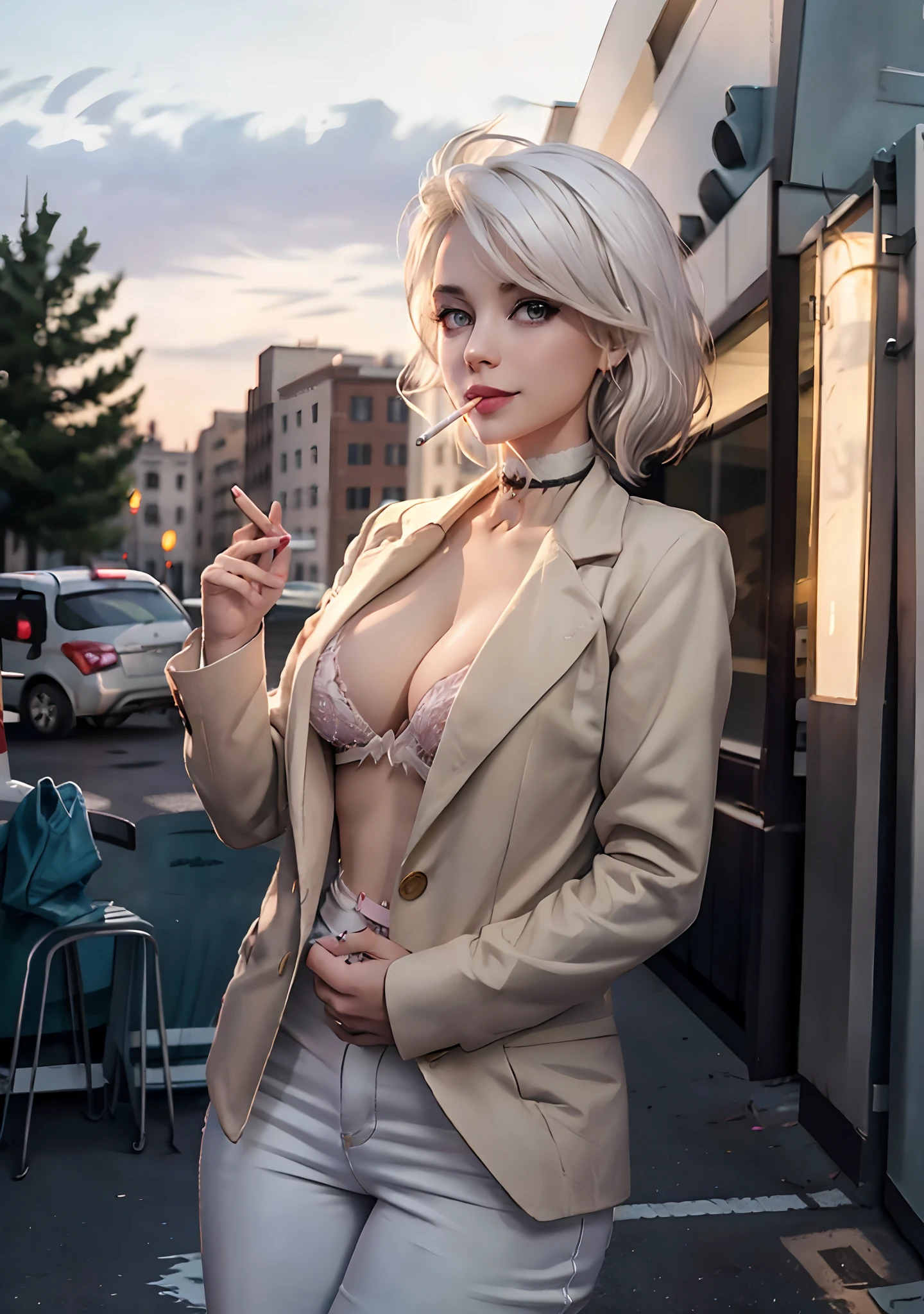 (masterpiece, best quality:1.2), cowboy shot, solo, 1girl, white hair, short wavy hair, purple eyes, average breasts, slender body, light smile, looking at viewer, one hand in pocket, lady office suit, cleavage, choker, cityscape scenery, street, night light, night time, smoking cigarette, cigsmoker, fingers holding cigarette