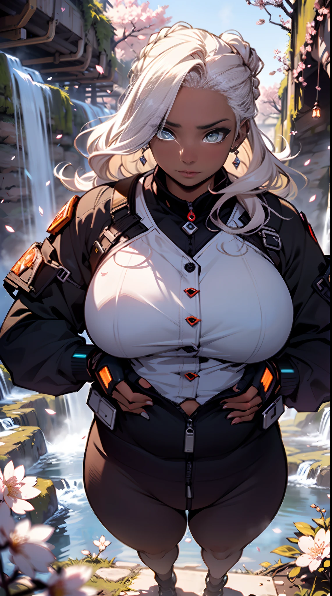 (((Dark skin, full body, chubby girl, chubby, curvy, plump, stocky ,big belly ,muscular)))(melaninated cherry blossom maiden),(Darkskin:1.2) sensual, cool, salacious, curvaceous, powerful, , random hair style, long hair, (hetrochromia eyes:1.2), (dark skin,) (chocolate-skinned female, statuesque, sensuously cool, braided black hair, soft heart-shaped face, concaved Nubian button nose, alluring, powerful. sensual, tone, and heavy and hearty body, heart hips, supple large pear breast,heart-shaped rear., cicular shades amber eyes:1.5 (,orange cherry blossom outfit),):1.2,(perfect details), (extremely fine and beautiful:1.1), (character shot) beautiful face, beautiful eyes, (detailed face, detailed eyes:1.2), detailed lip, shiny skin, oil skin, shiny hair,,(Cool smile:1.2), , (, random pov:1.2), , , dangerous:: (lots of steam:1.5),( cherry blossom waterfall:1.5),( ,fantasy),((magic, futuristic fantasy :1.5)),((grotto,cliff, watterfall:1.2)), various decoration),(cherry blossom field, highly detailed facial expressions, realistic expression, perfect peice, perfect prompt, full length, best quality, intricately accurate facial and physical structure, intricately realistic expression and emotion, accurate colored complexion, accurate body anatomy, , complex hair styles, intricate character detail, intricately expressive, intricate color desgin, complex emotions, pov, (ultra-detailed,5k, 717 gigapixels)((masterpiece), (best quality), (ultra-detailed), (masterpiece:1.2), (ultra-detailed:1.2), sense of depth, depth of field, (add layer:1.2), dynamic angle, scenery, dramatic lighting, volumetric lighting, golden hoursteven universe style,ComicCovers