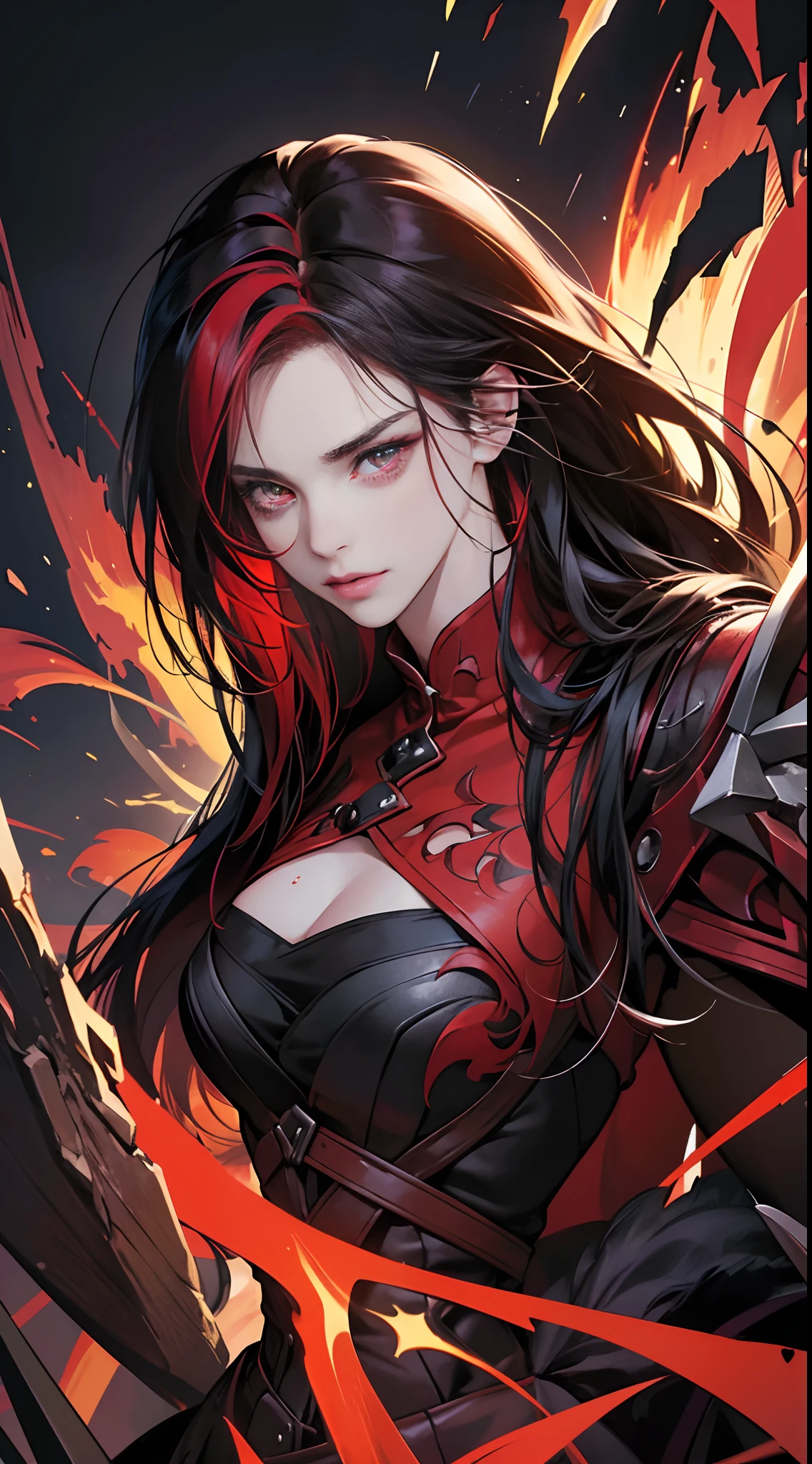 (Best Quality,4K,High resolution), 18yo woman, Red mesh hair on black hair, Long hair, Straight hair, , Comical appearance,(Best Quality,4K,High resolution), 18yo woman, Red highlights on black hair, Long hair, Straight hair, Transforming Woman,An abnormal,Cold eyes ,sharp eye,distressed look,Red glowing eyes,Facial expression enhancement,,Changing the Appearance of a Transform,beast,Beastification,Evil Fight,buttle,Delicate illustrations drawn in detail,Torn clothes with decoration,Disheveled clothes,Realistic portrayal,Vibrant colors,expresive,Classic background