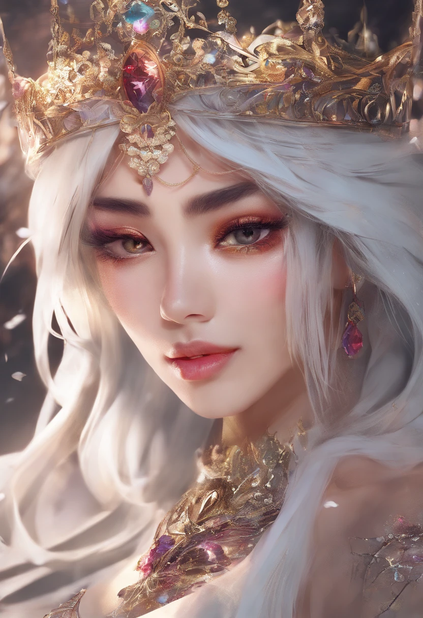 Close up of beautiful female face, beautidful eyes, 复杂, splits, Soft lips, ssmile, naughty, seductive appearance, freckle, crowns, jewely