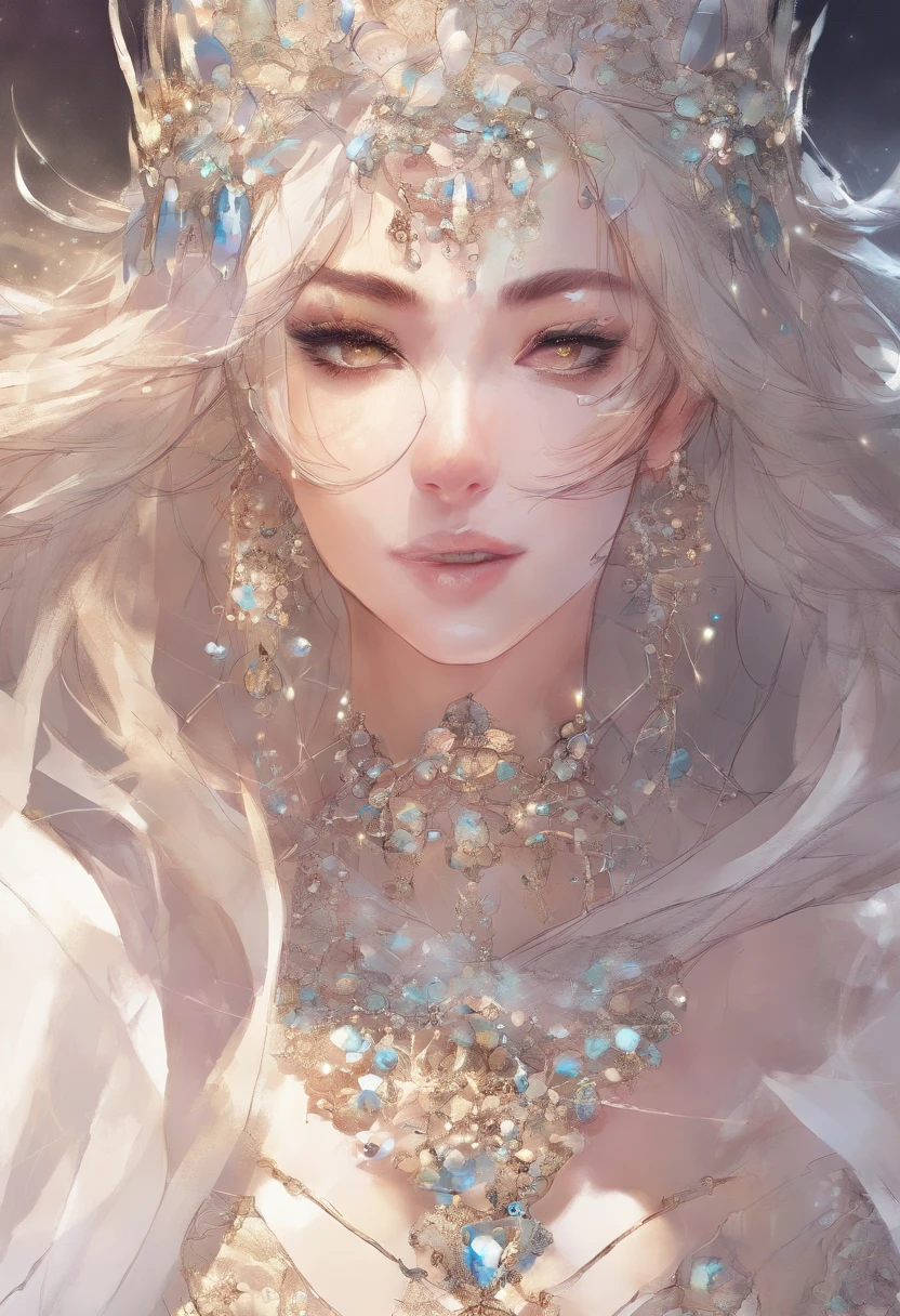 Close up of beautiful female face, beautidful eyes, 复杂, splits, Soft lips, ssmile, naughty, seductive appearance, freckle, crowns, jewely