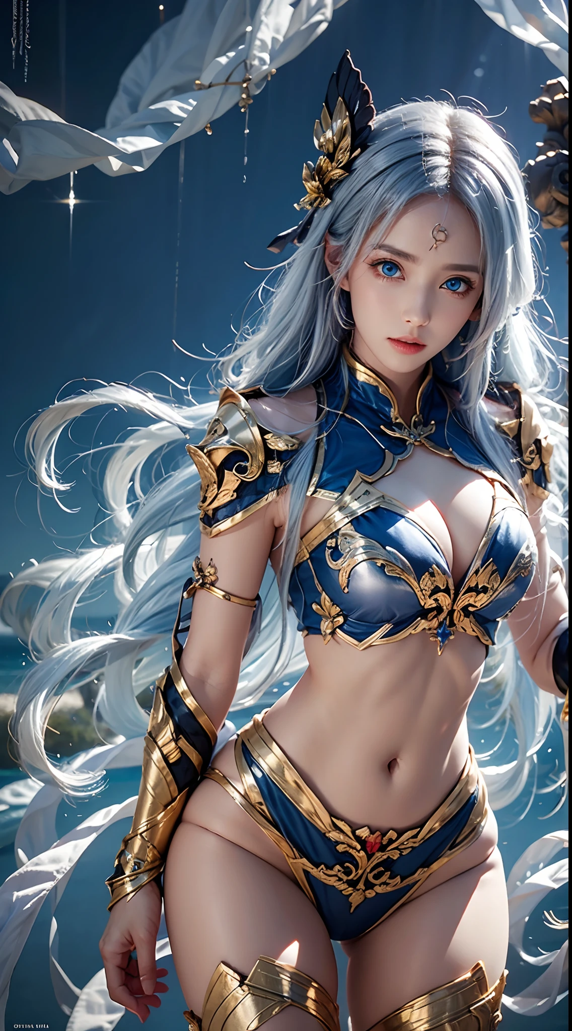 photorealistic, high resolution, soft lights, 1women, solo, hips up, look at viewer, (detailed face), blue eyes, white hair, long hair, photorealistic, masterpiece, photorealistic, high resolution, soft light, hips up, (blue eyes), starryskybackground,Wearing shiny gold armor, Sexy lingerie type armor,Expose your chest,Expose the waistline,Exposing thighs,cool-pose, Saint Seiya Armor, messy hair,high detal, Anime style, Cinematic lighting, Sparkle, god light, Ray traching, filmgrain, hyper HD, textureskin, super detailing, Anatomical correct, A high resolution,Ultra-high saturation,hight contrast,High-gloss armor,Smooth skin,Serious expressions,Dark room,