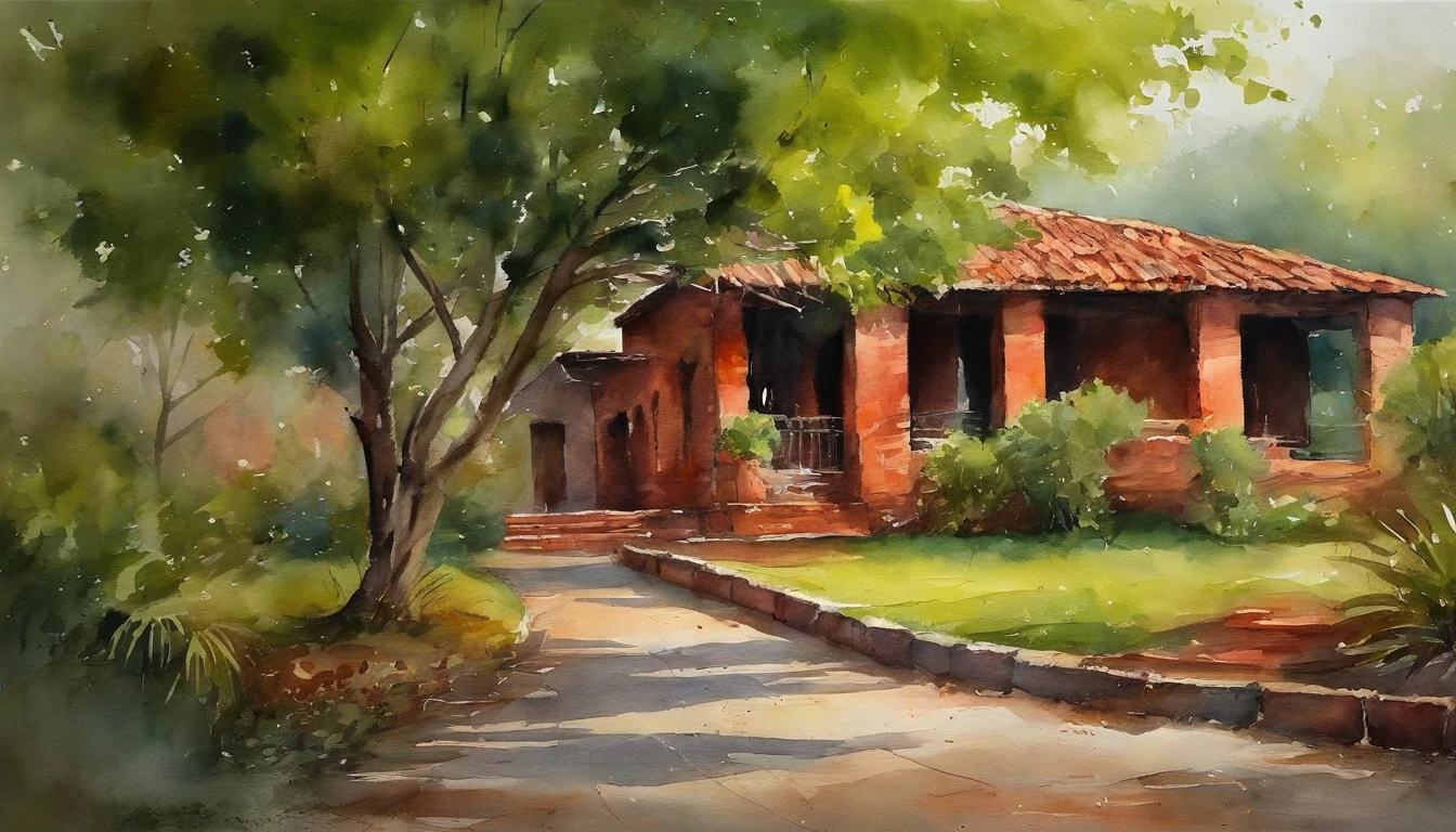 Old residential area,Red brick building,Big banyan tree,Clean the pavement,Fallen leaves,springtime,in the early morning,Light green tones,super-fine,Carefully portrayed,high qulity,8K,