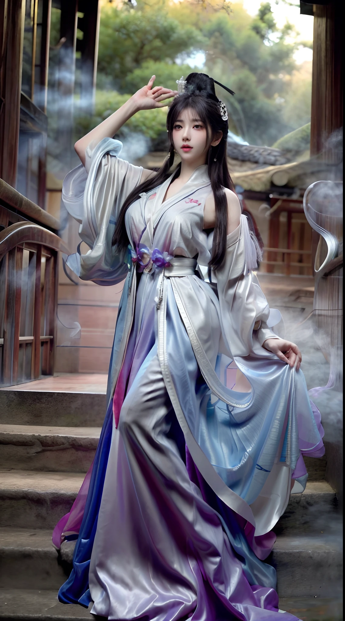 (Best quality,4K,8K,A high resolution,Masterpiece:1.2),Ultra-detailed,(Realistic,Photorealistic,photo-realistic:1.37),Gorgeous,Beautiful,Long golden hair, The goddess in a black and white dress sits on the steps, 浴室,Sexy girl,Illustration style:kim jung giu, Japanese goddess, Yoshigaki, Amazing goddess, ethereal figure, mesmerizing eyes, Beautiful white costume, Bright sunlight, gleaming silver, Yoshitomo Nara, Fuzzy green dragon-shaped smoke